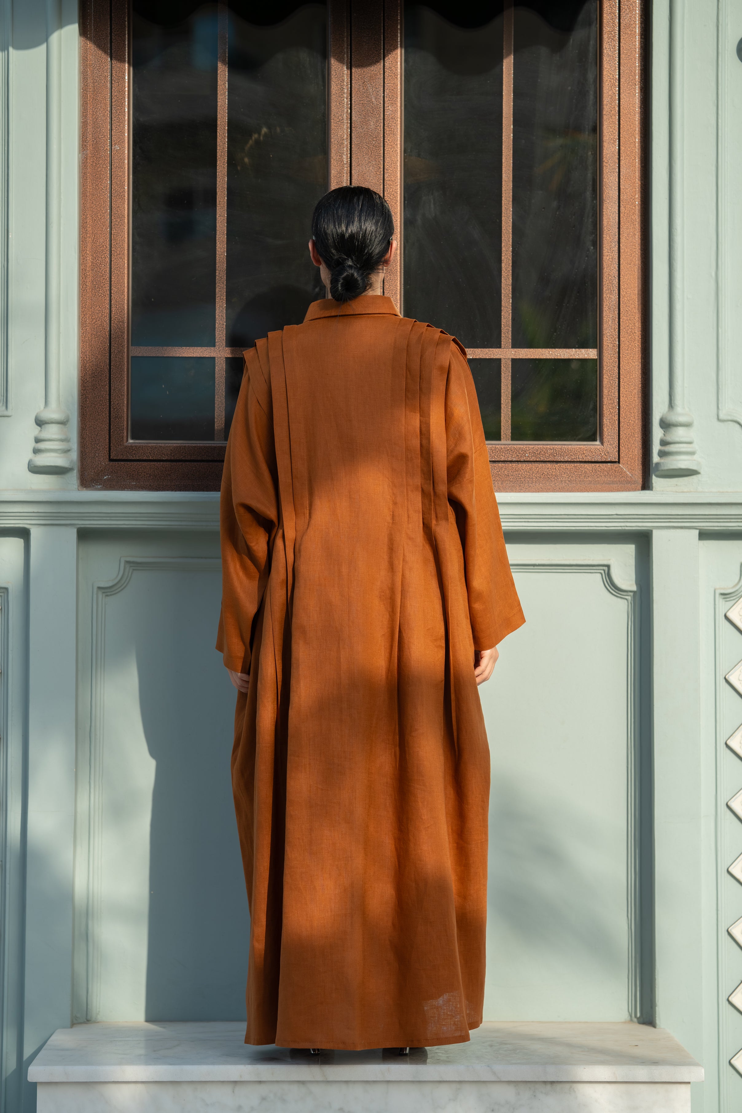 Camel Linen Abaya with Front & Back Pleats