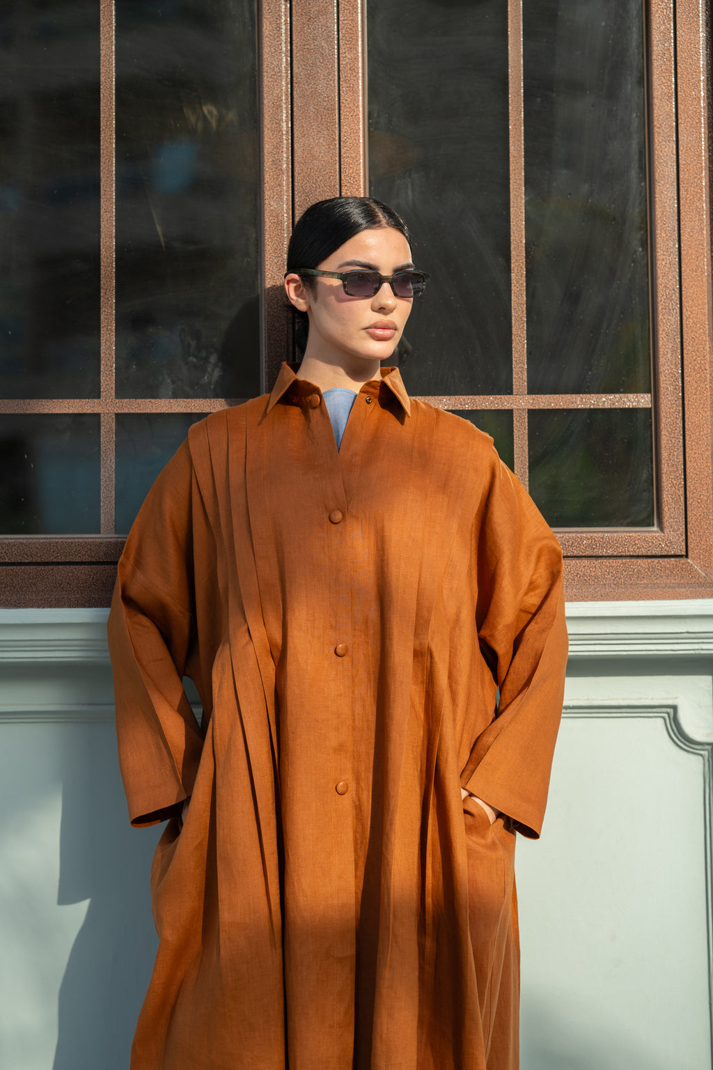 Camel Linen Abaya with Front & Back Pleats