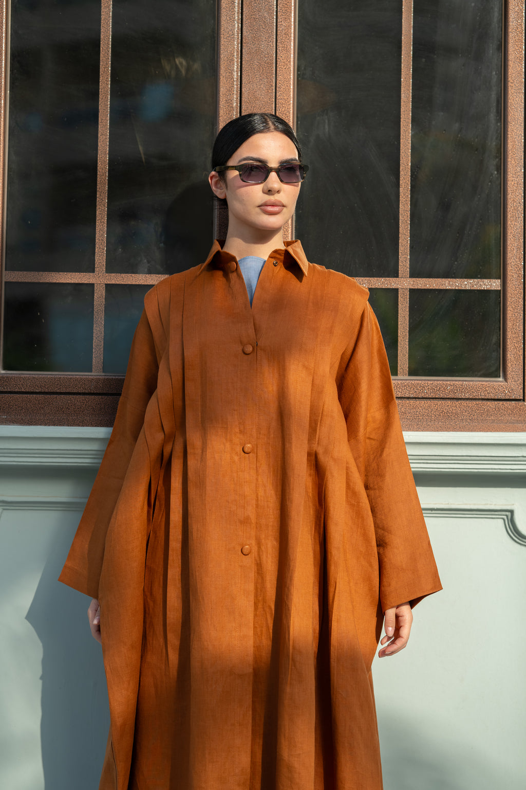 Camel Linen Abaya with Front & Back Pleats