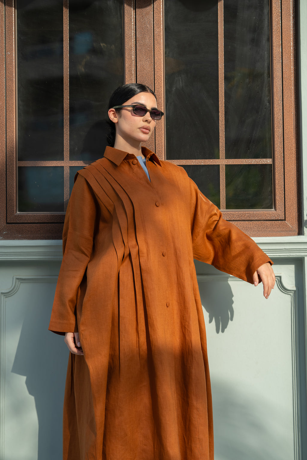 Camel Linen Abaya with Front & Back Pleats