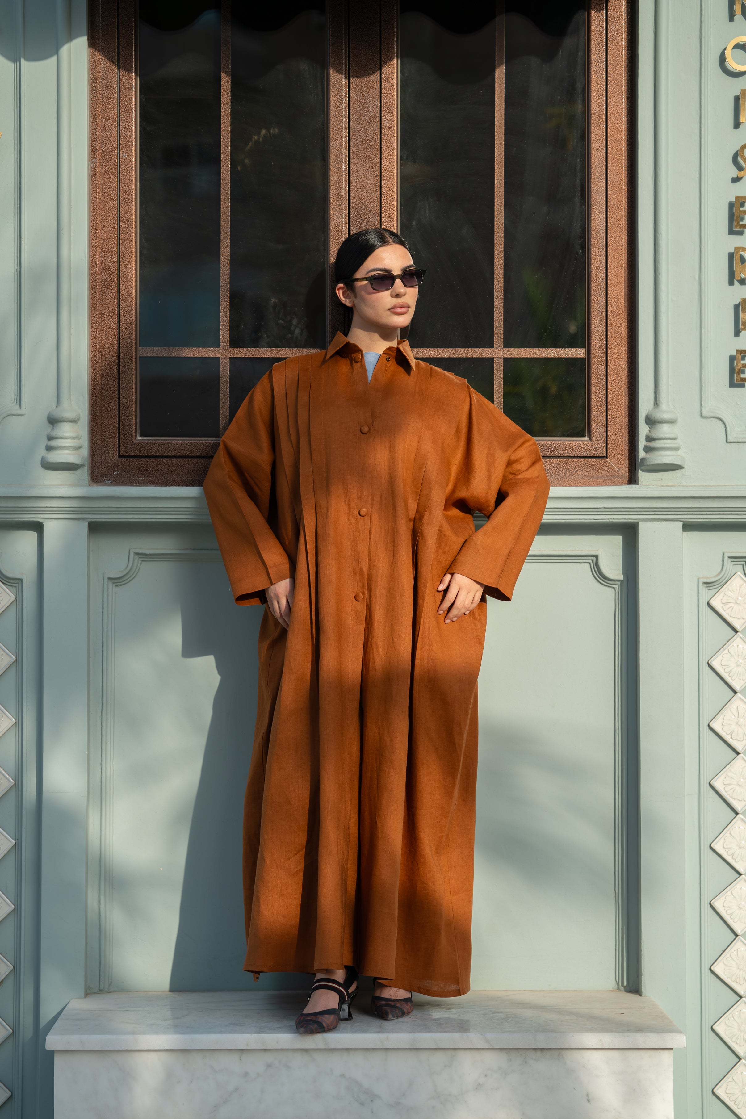 Camel Linen Abaya with Front & Back Pleats