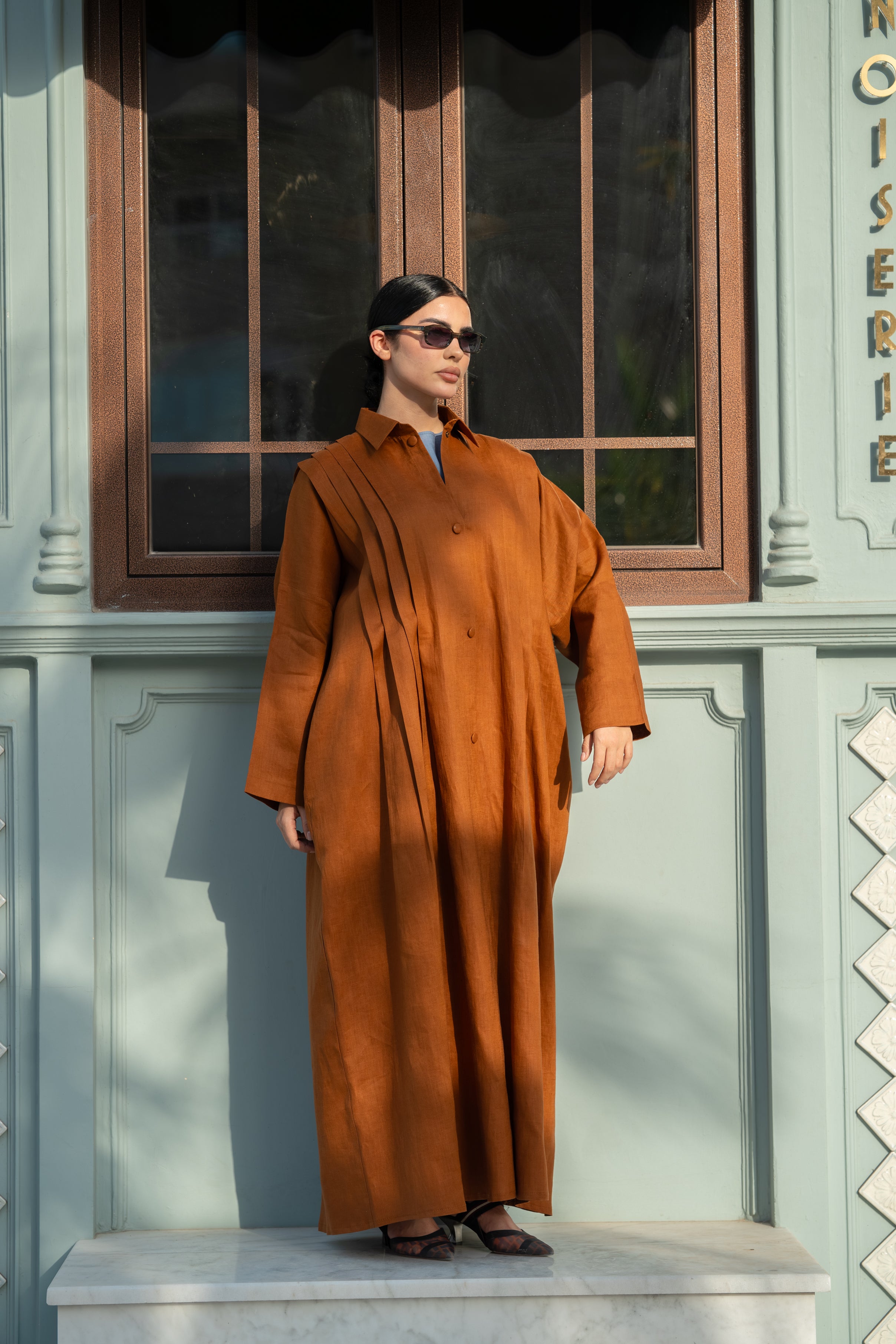 Camel Linen Abaya with Front & Back Pleats
