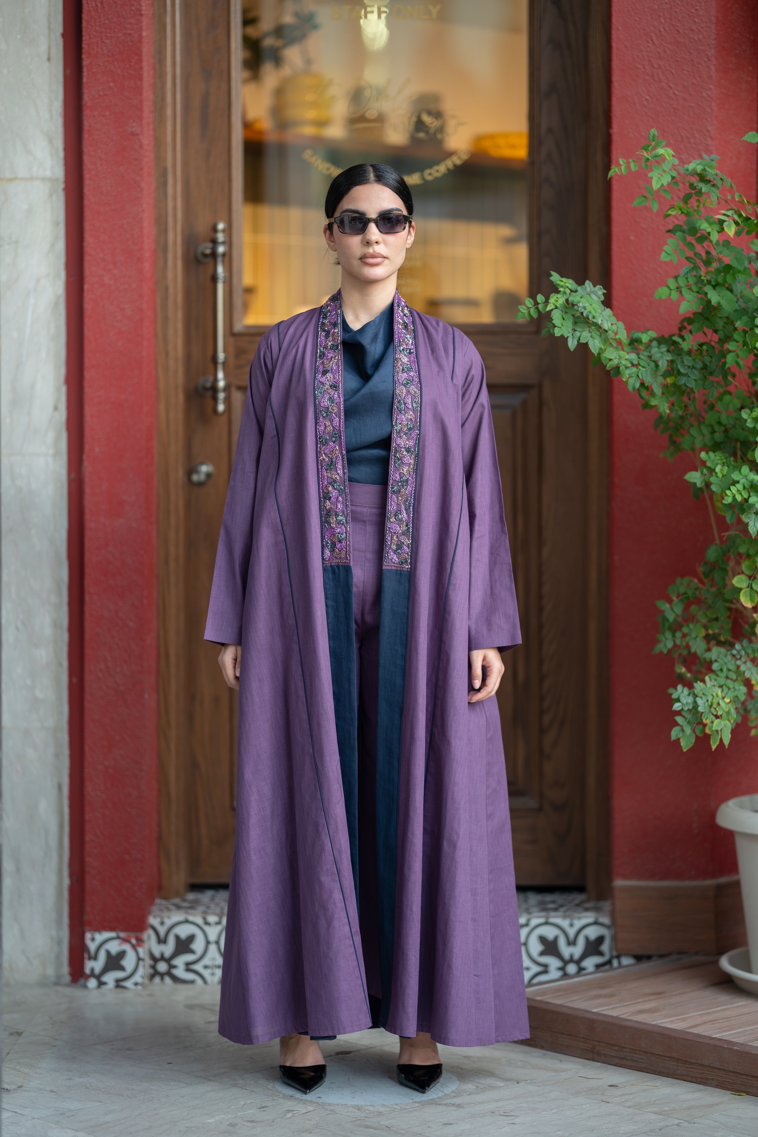 Purple Linen Abaya with Navy Details & Hand Beadwork