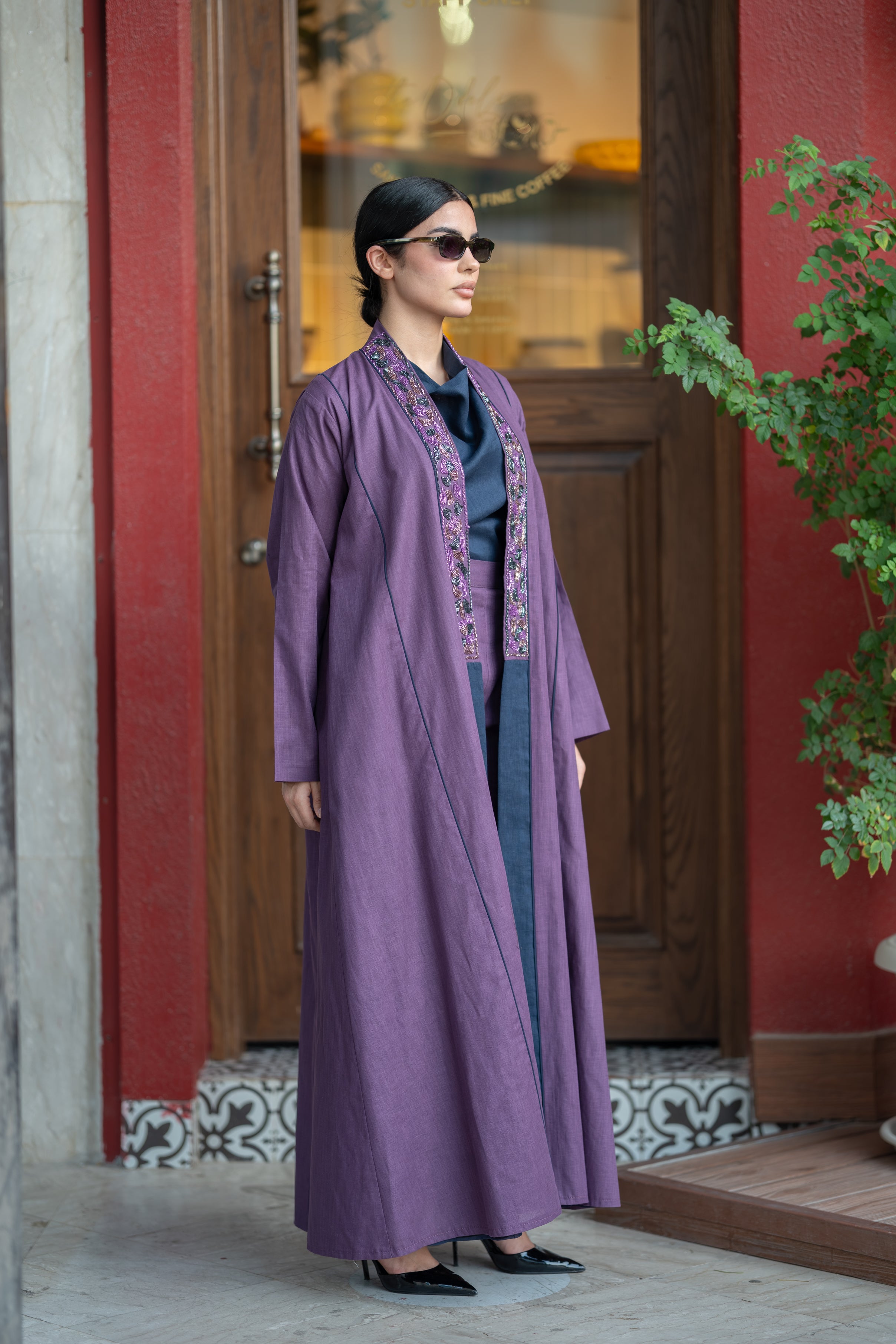 Purple Linen Abaya with Navy Details & Hand Beadwork