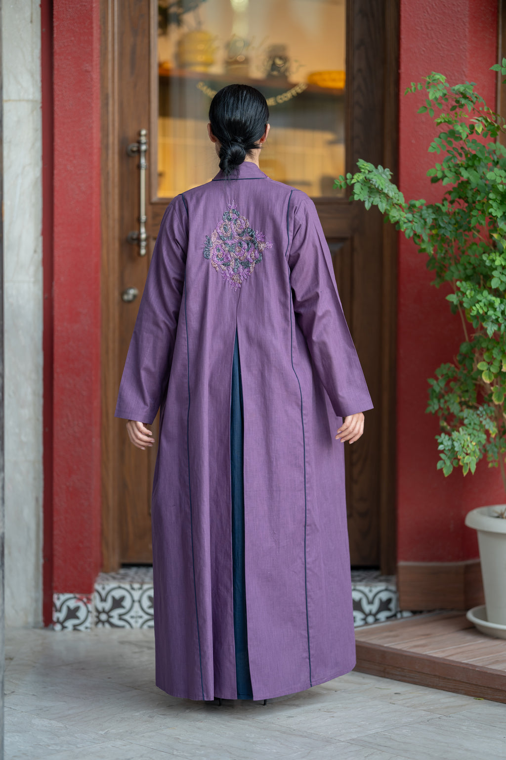 Purple Linen Abaya with Navy Details & Hand Beadwork