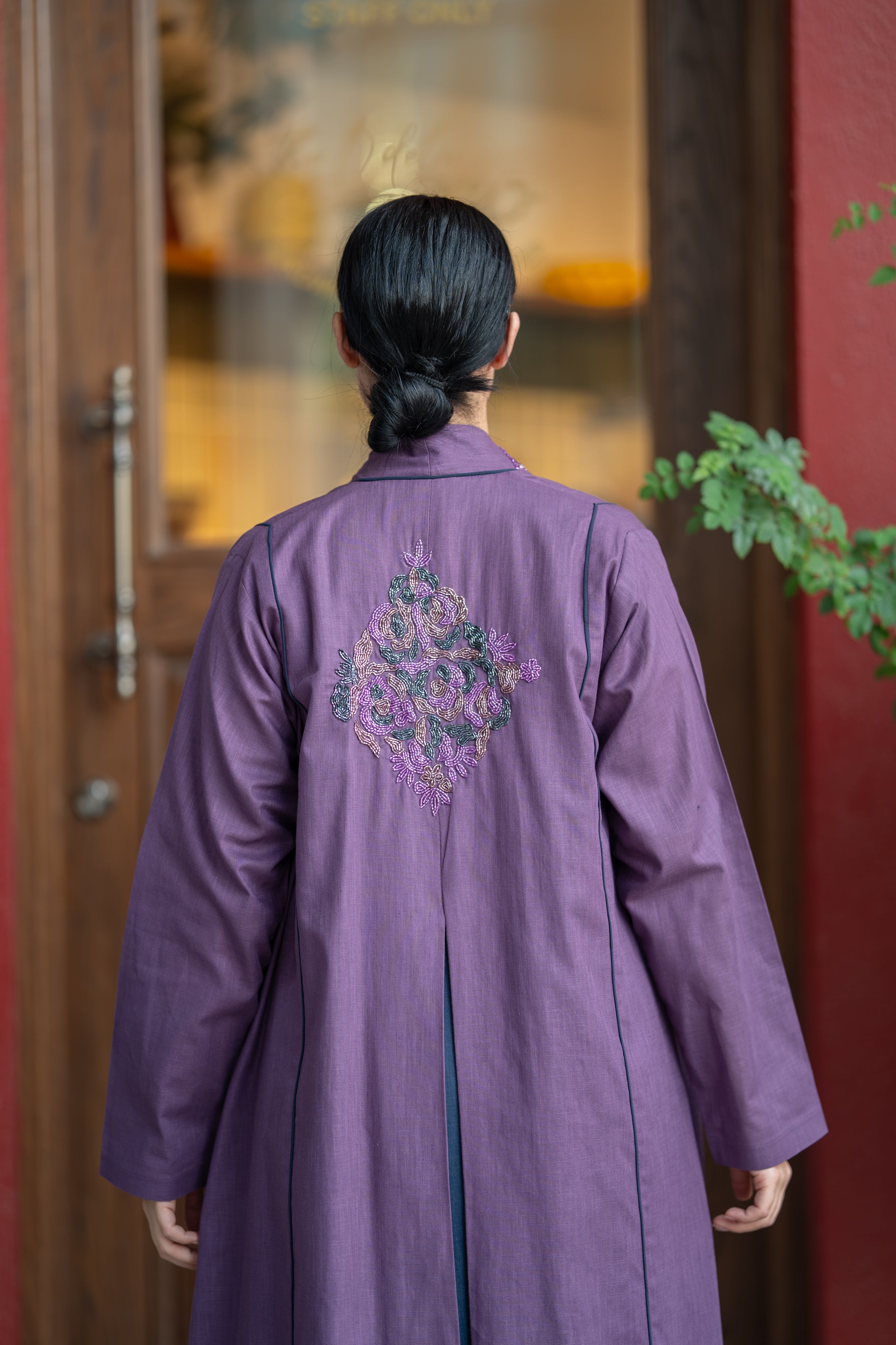 Purple Linen Abaya with Navy Details & Hand Beadwork