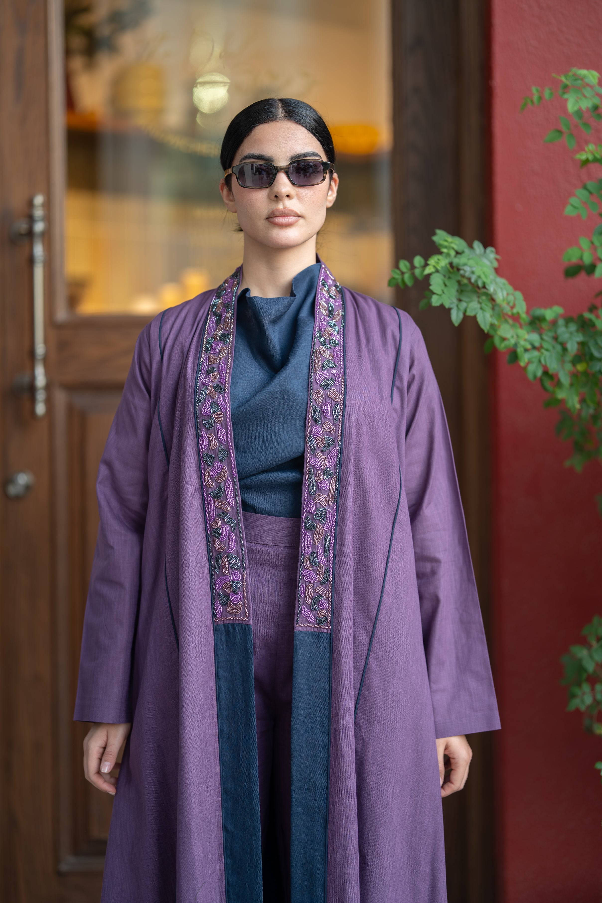 Purple Linen Abaya with Navy Details & Hand Beadwork
