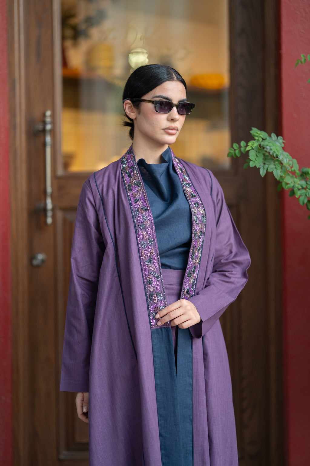 Purple Linen Abaya with Navy Details & Hand Beadwork