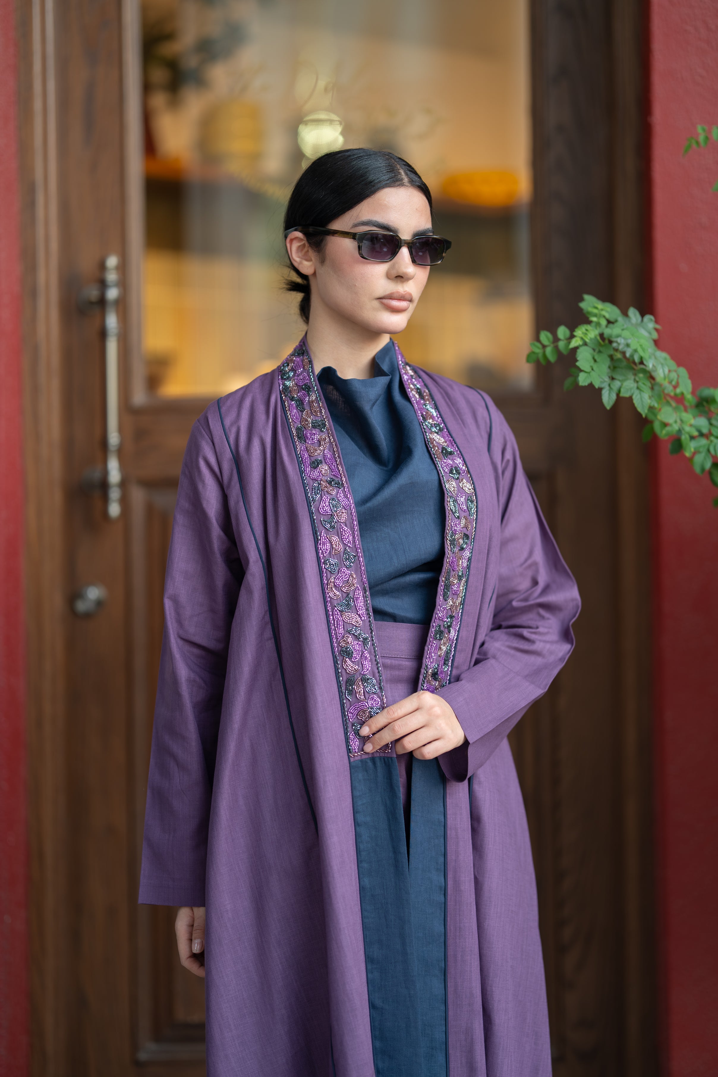Purple Linen Abaya with Navy Details & Hand Beadwork