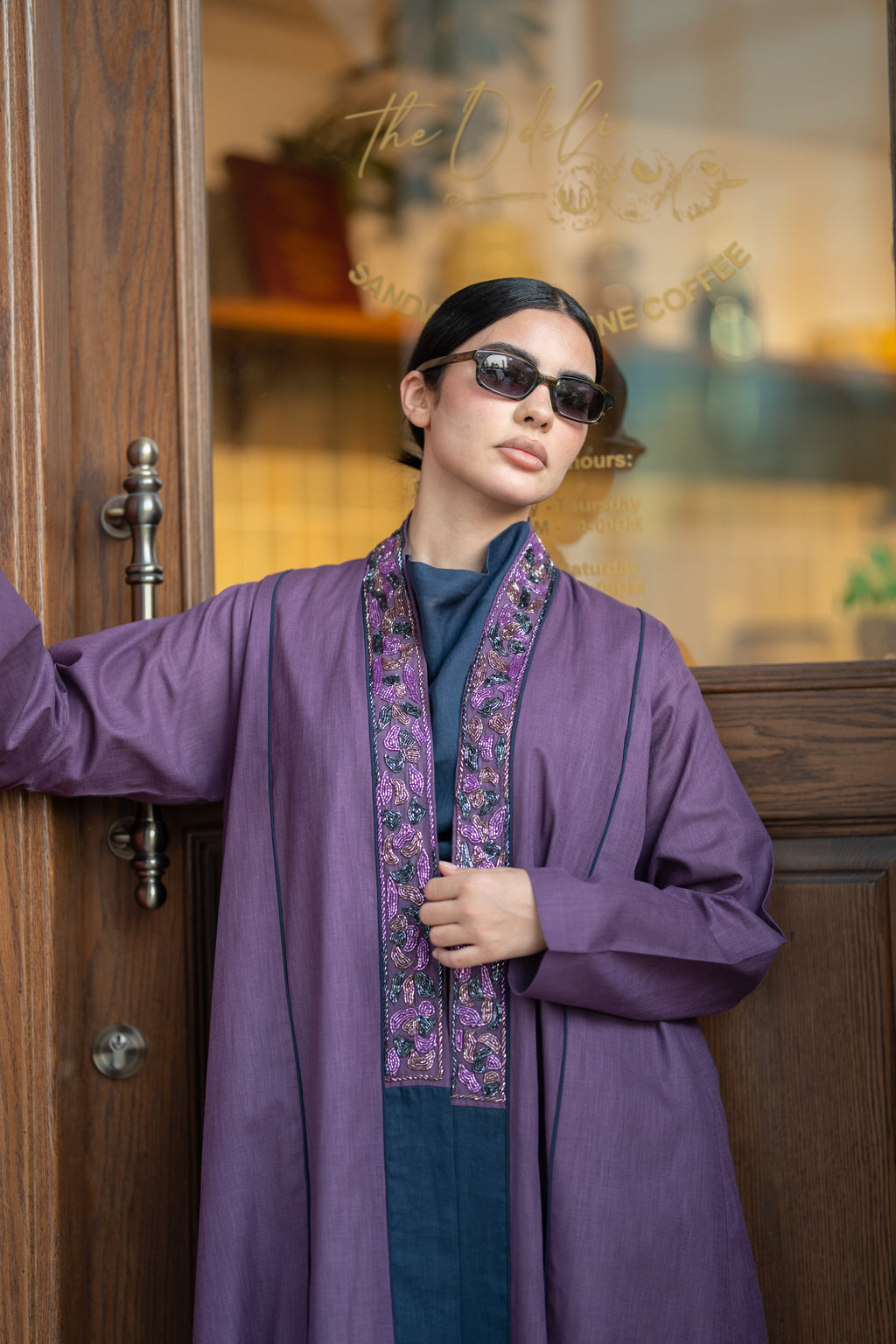 Purple Linen Abaya with Navy Details & Hand Beadwork