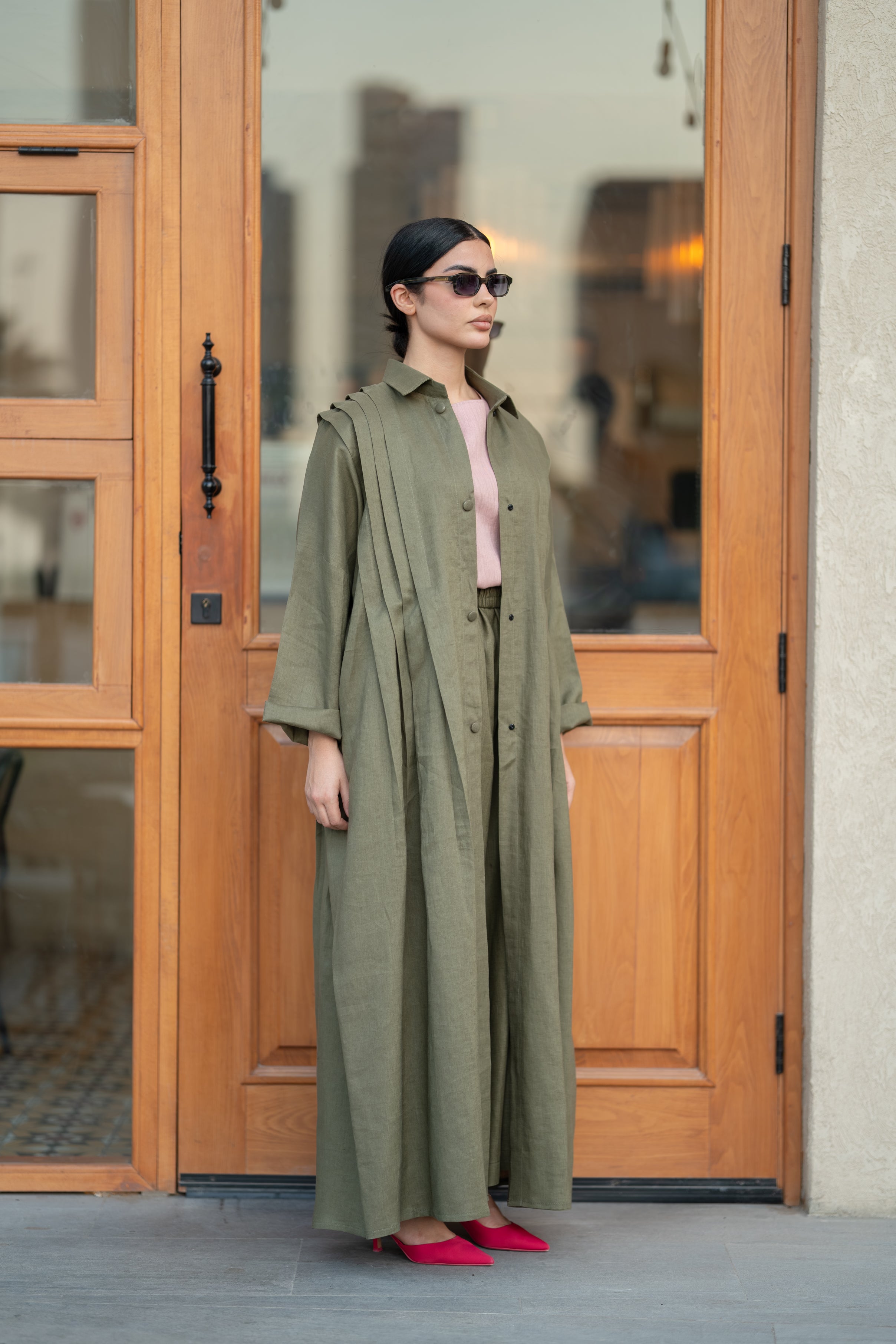 Olive Linen Abaya with Front & Back Pleats