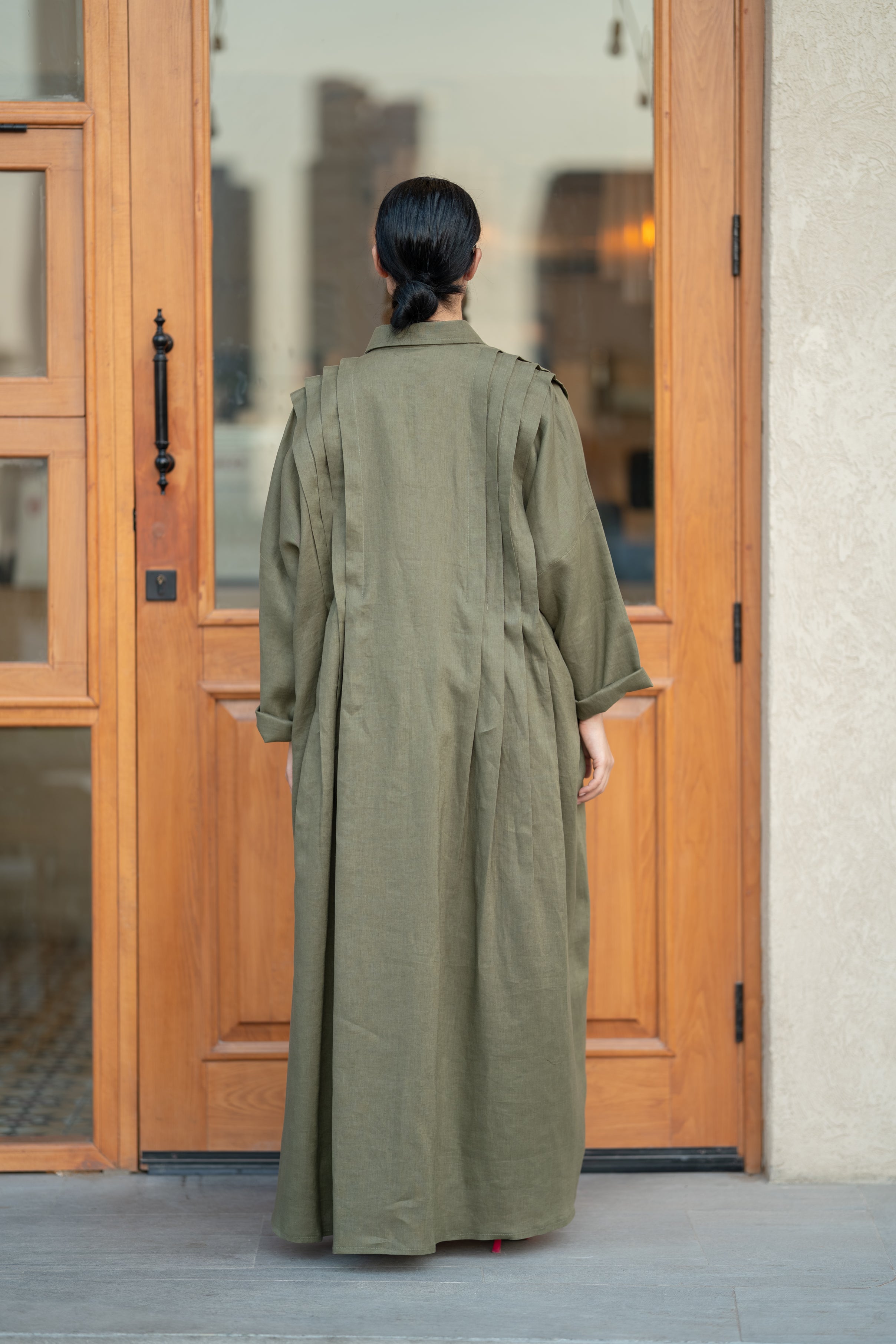Olive Linen Abaya with Front & Back Pleats