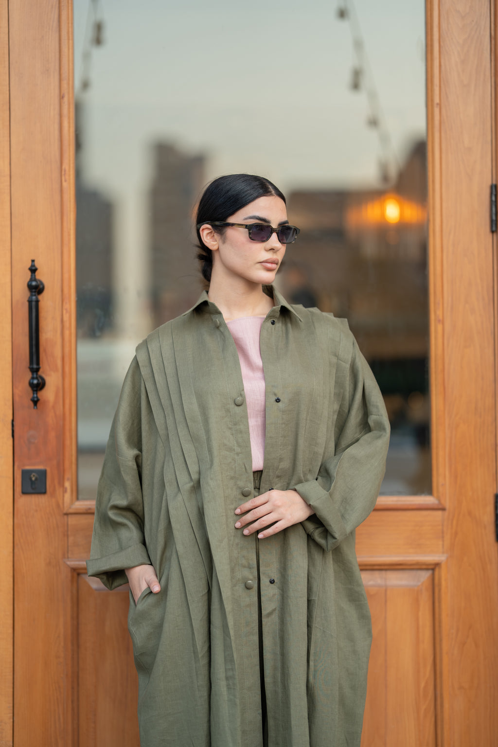 Olive Linen Abaya with Front & Back Pleats