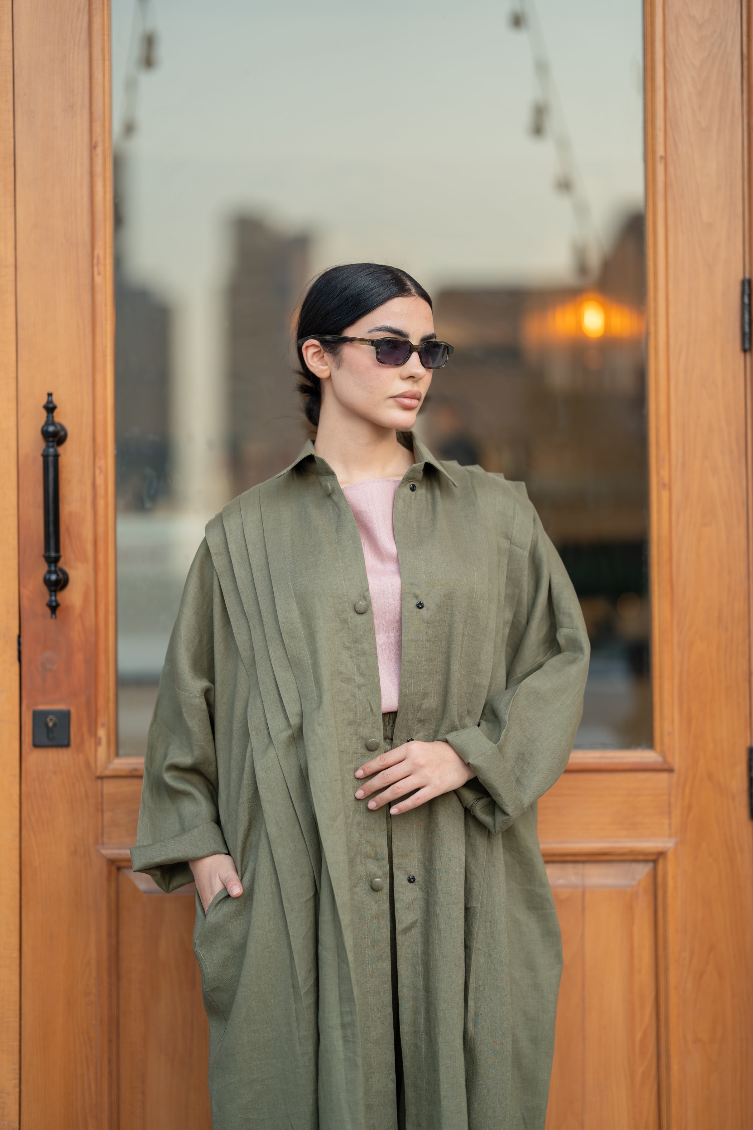 Olive Linen Abaya with Front & Back Pleats