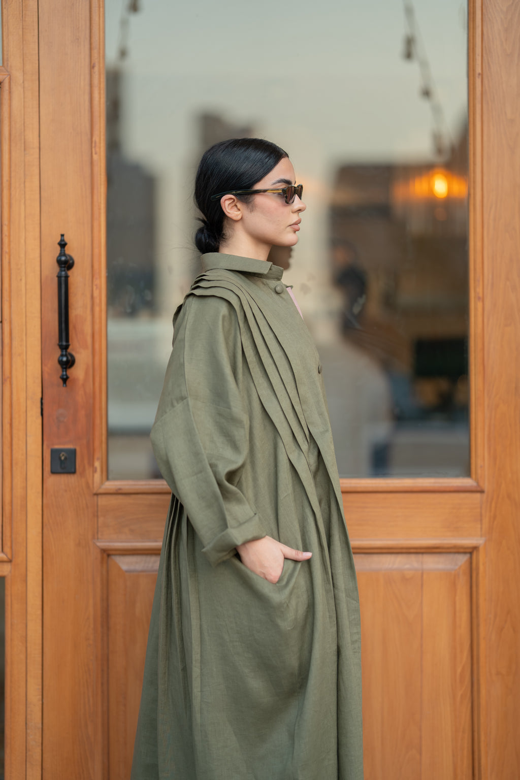 Olive Linen Abaya with Front & Back Pleats