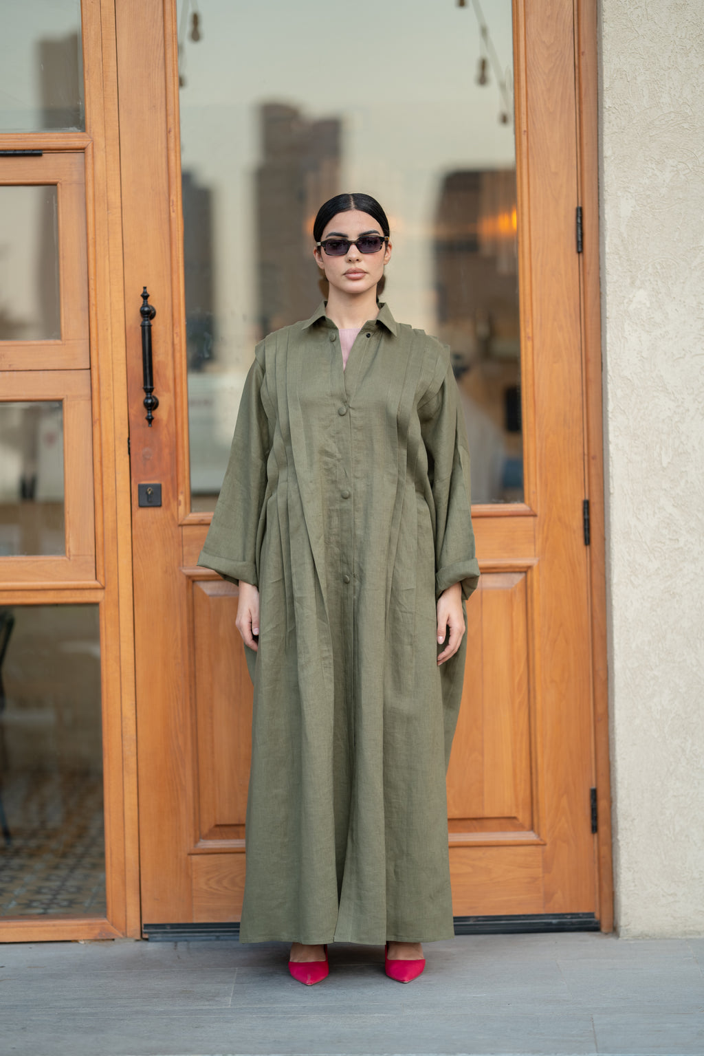 Olive Linen Abaya with Front & Back Pleats