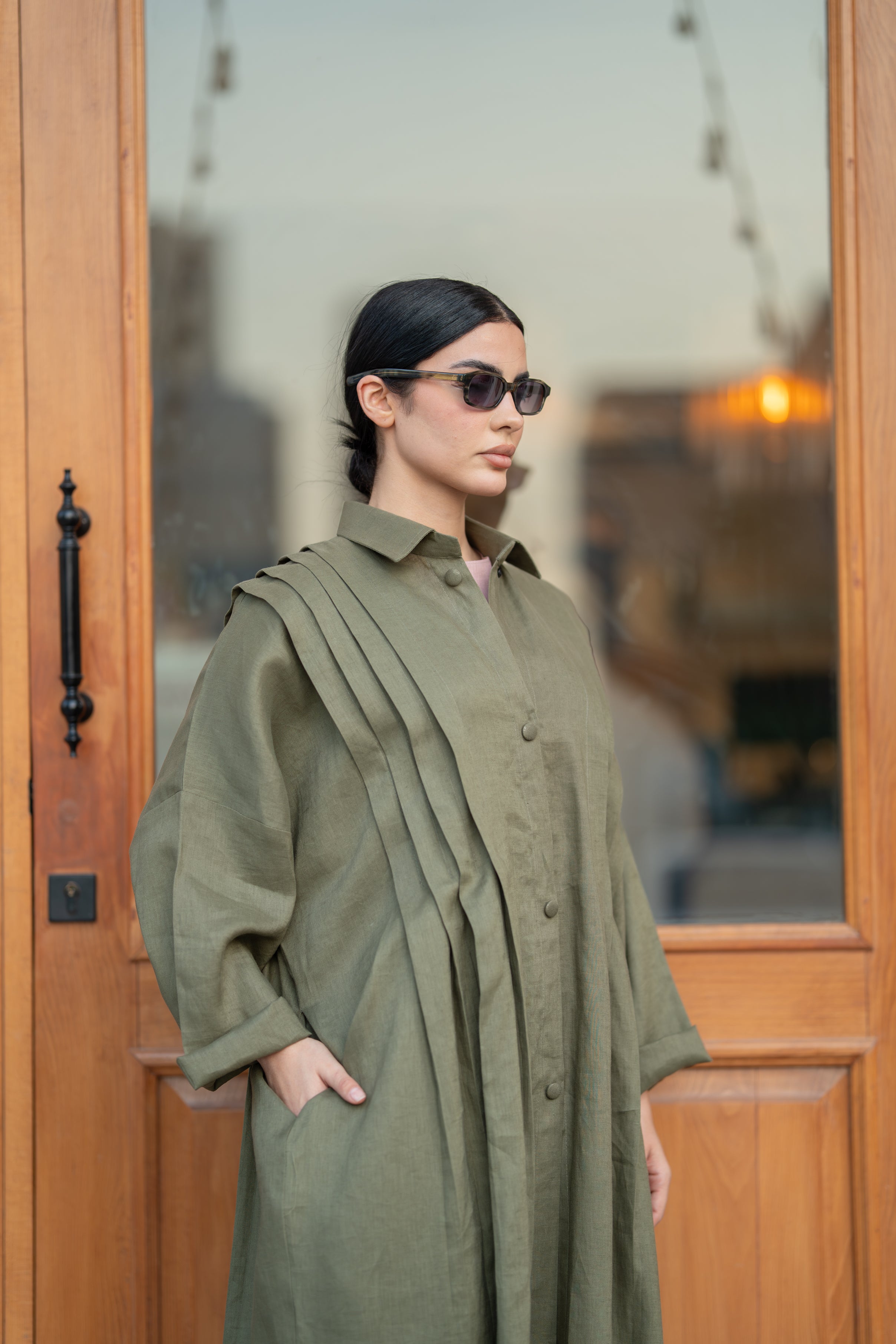 Olive Linen Abaya with Front & Back Pleats