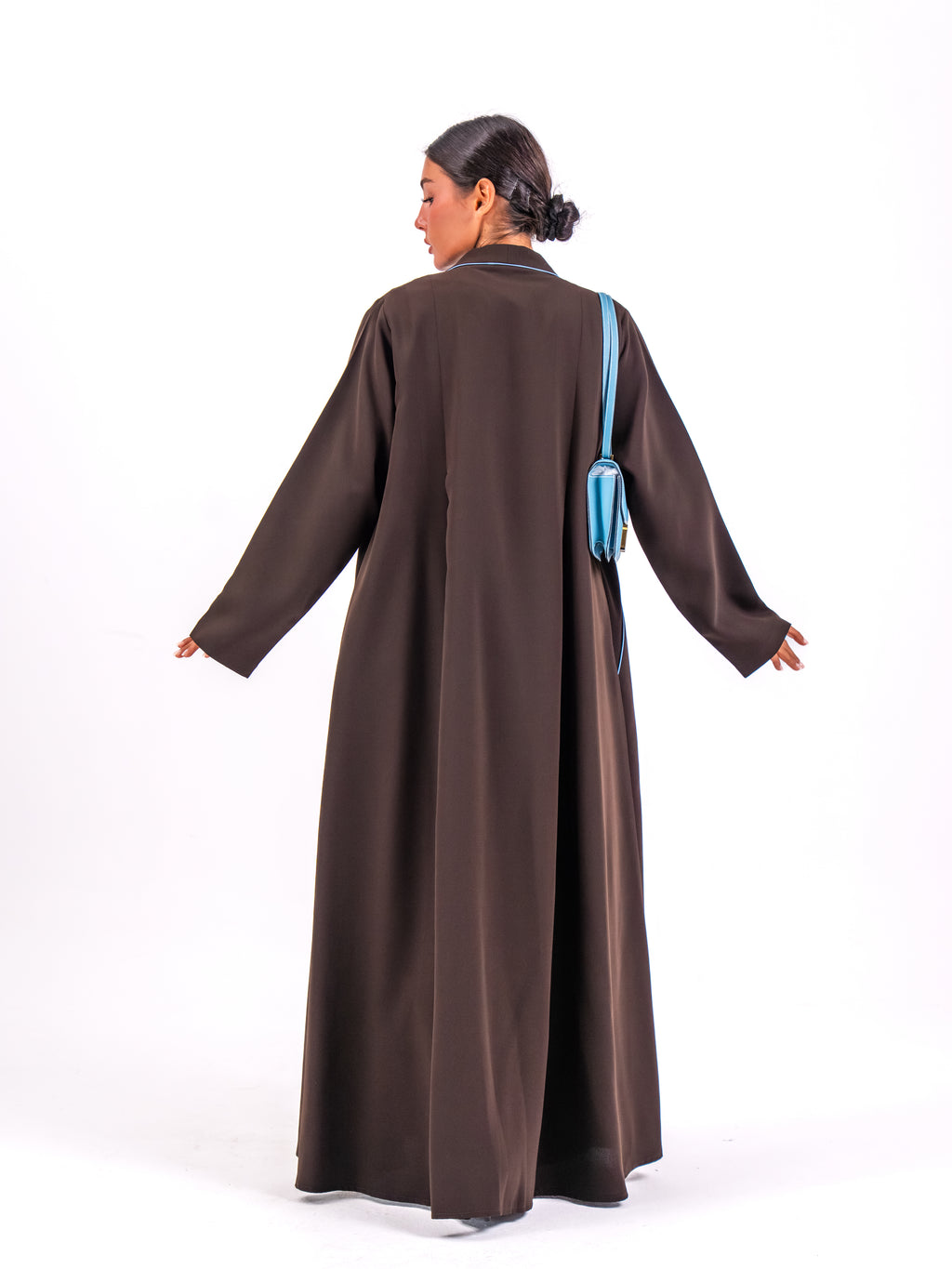 Brown Crepe Abaya with Blue Embroidery & Front Pleats