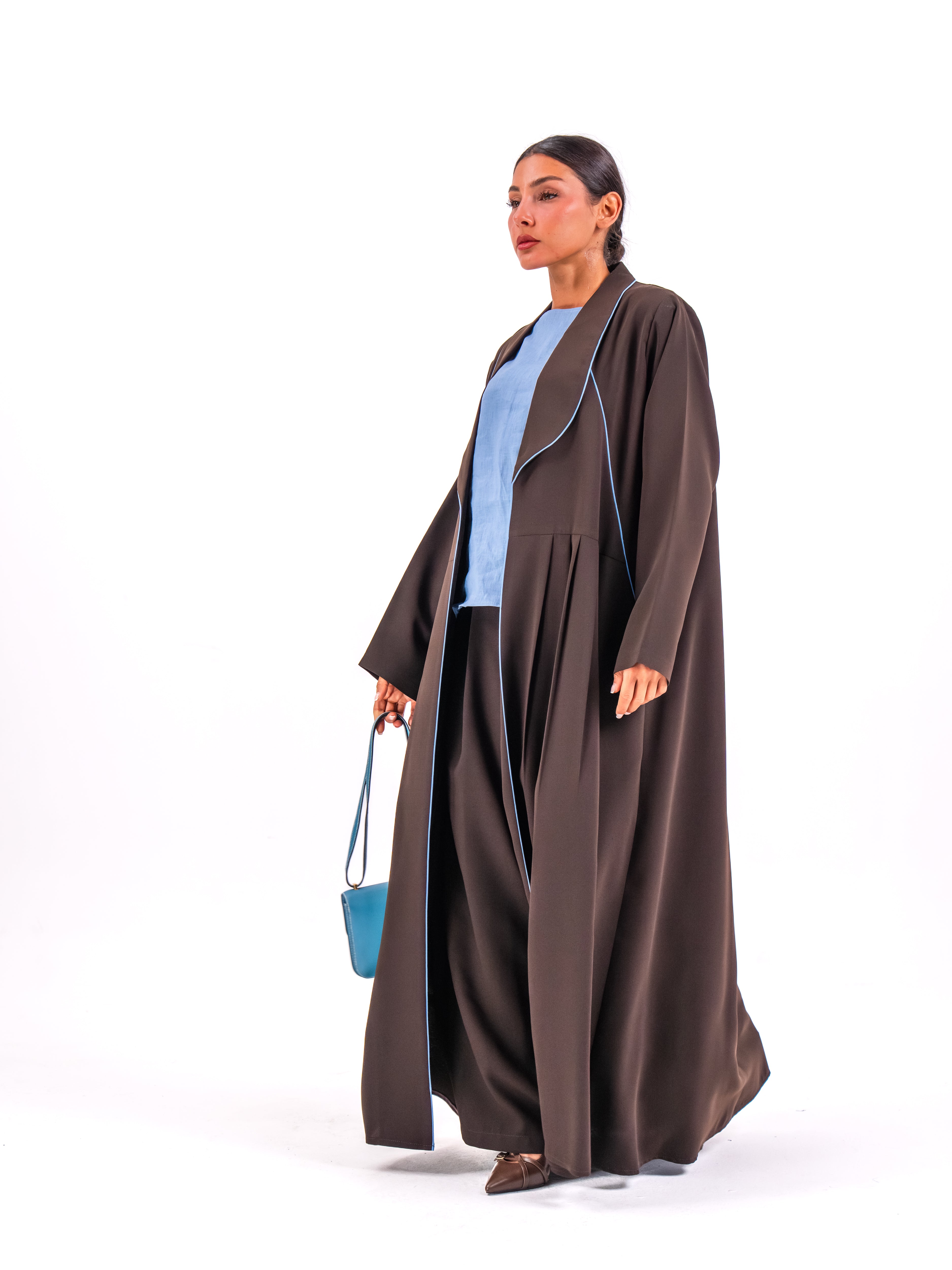 Brown Crepe Abaya with Blue Embroidery & Front Pleats
