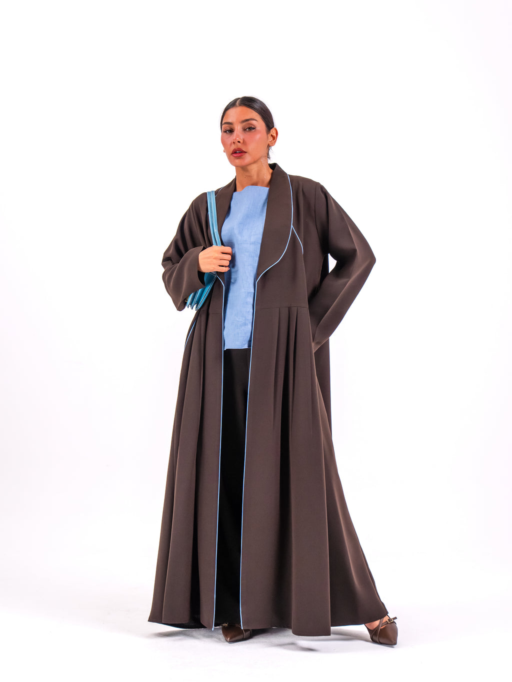Brown Crepe Abaya with Blue Embroidery & Front Pleats