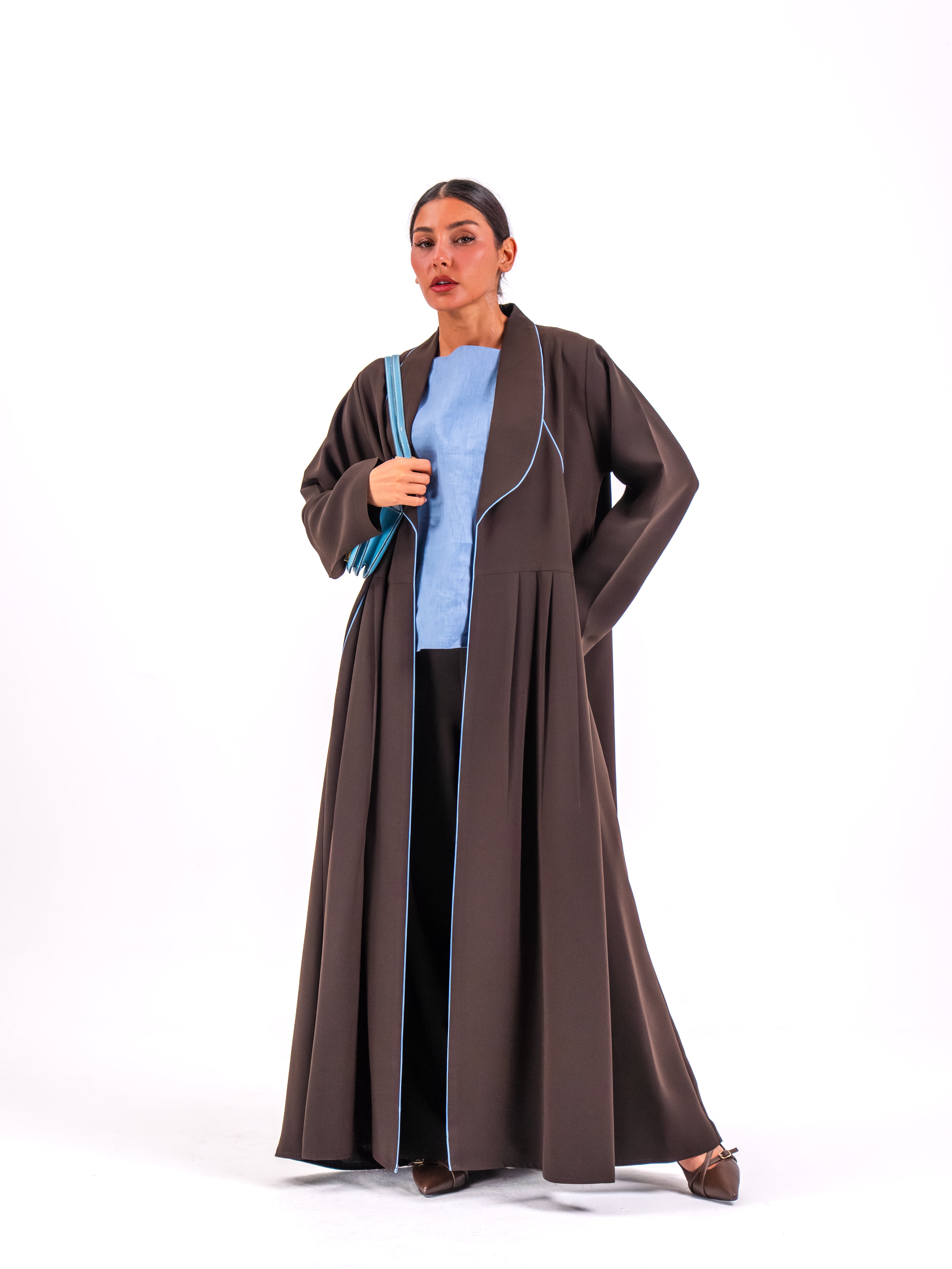 Brown Crepe Abaya with Blue Embroidery & Front Pleats