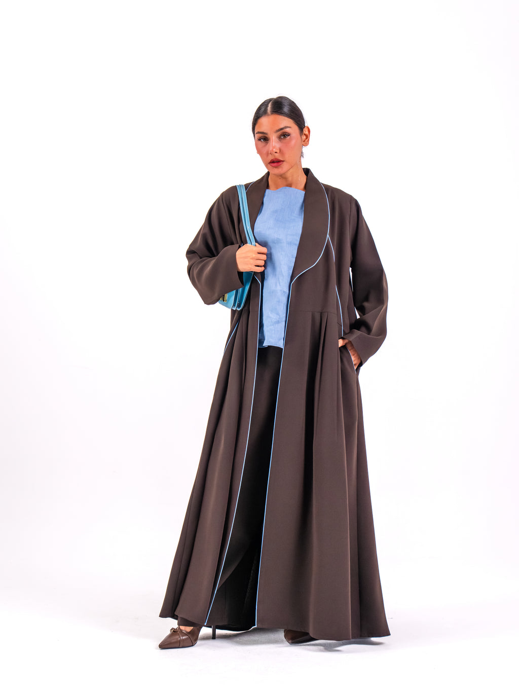 Brown Crepe Abaya with Blue Embroidery & Front Pleats