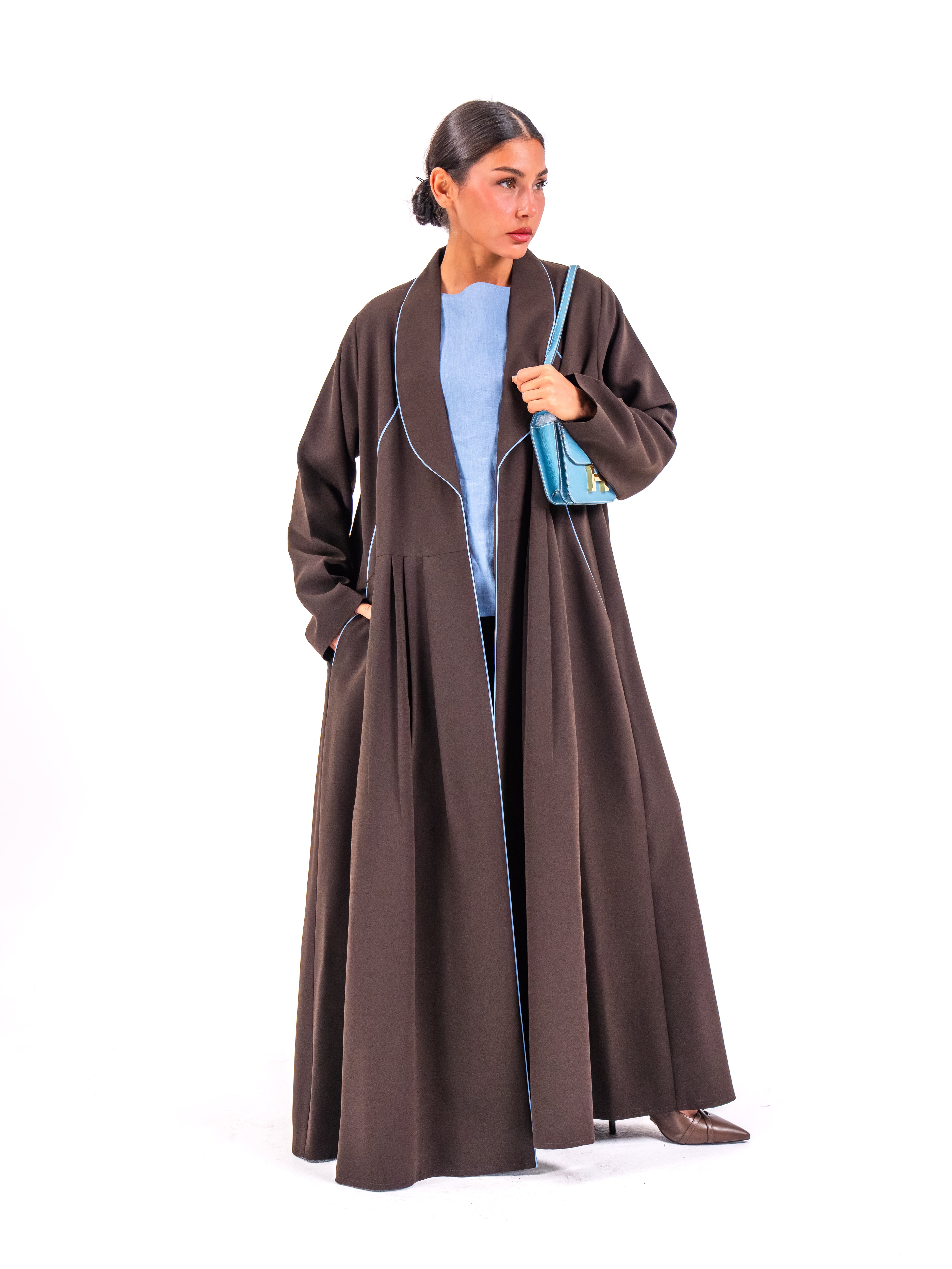 Brown Crepe Abaya with Blue Embroidery & Front Pleats