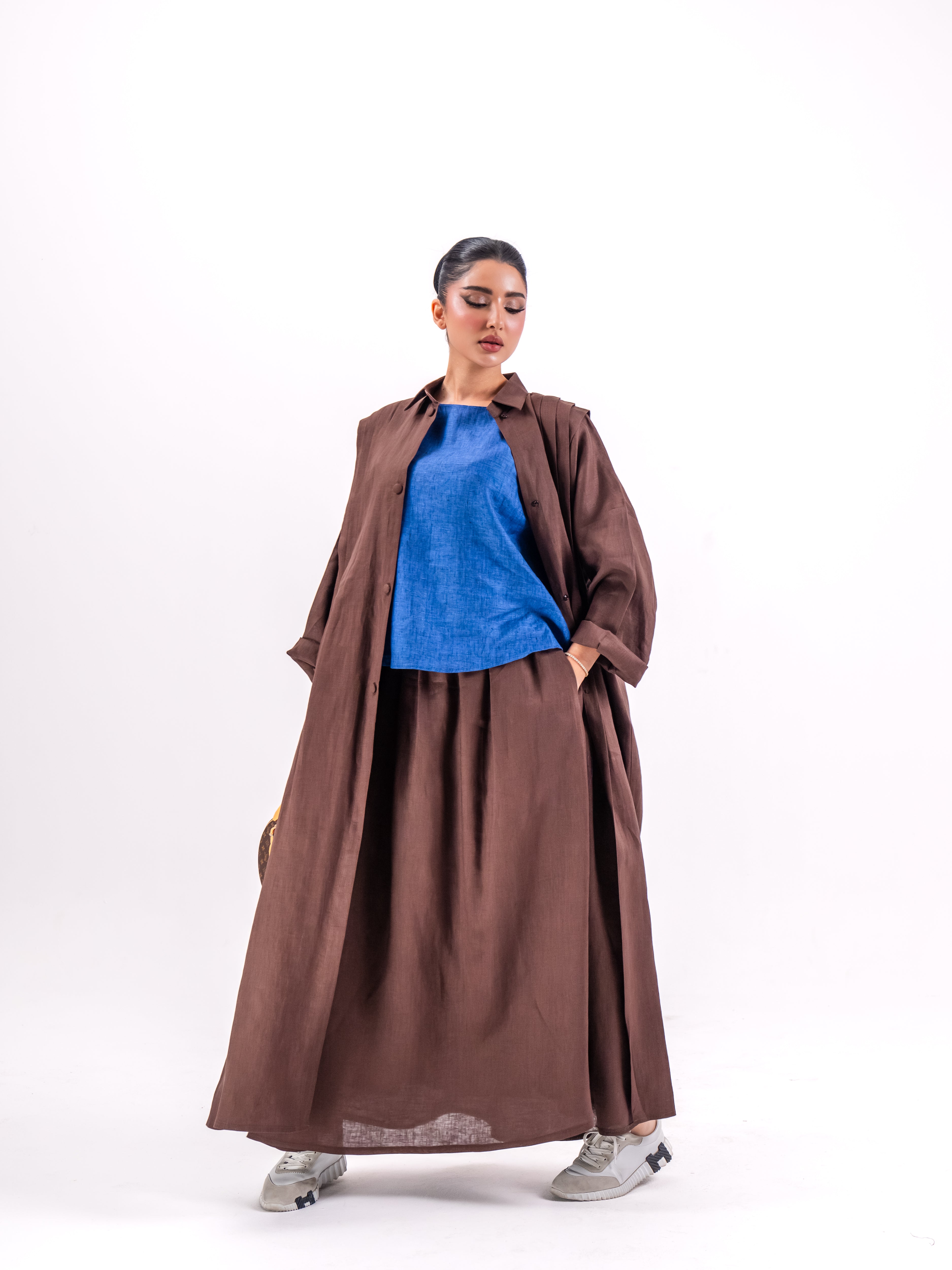 Brown Linen Abaya with Front Pocket