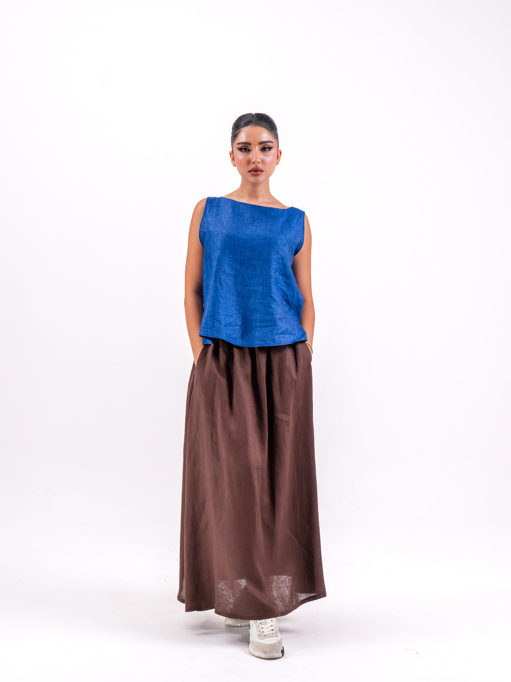 Blue Linen Top with Brown Skirt Set