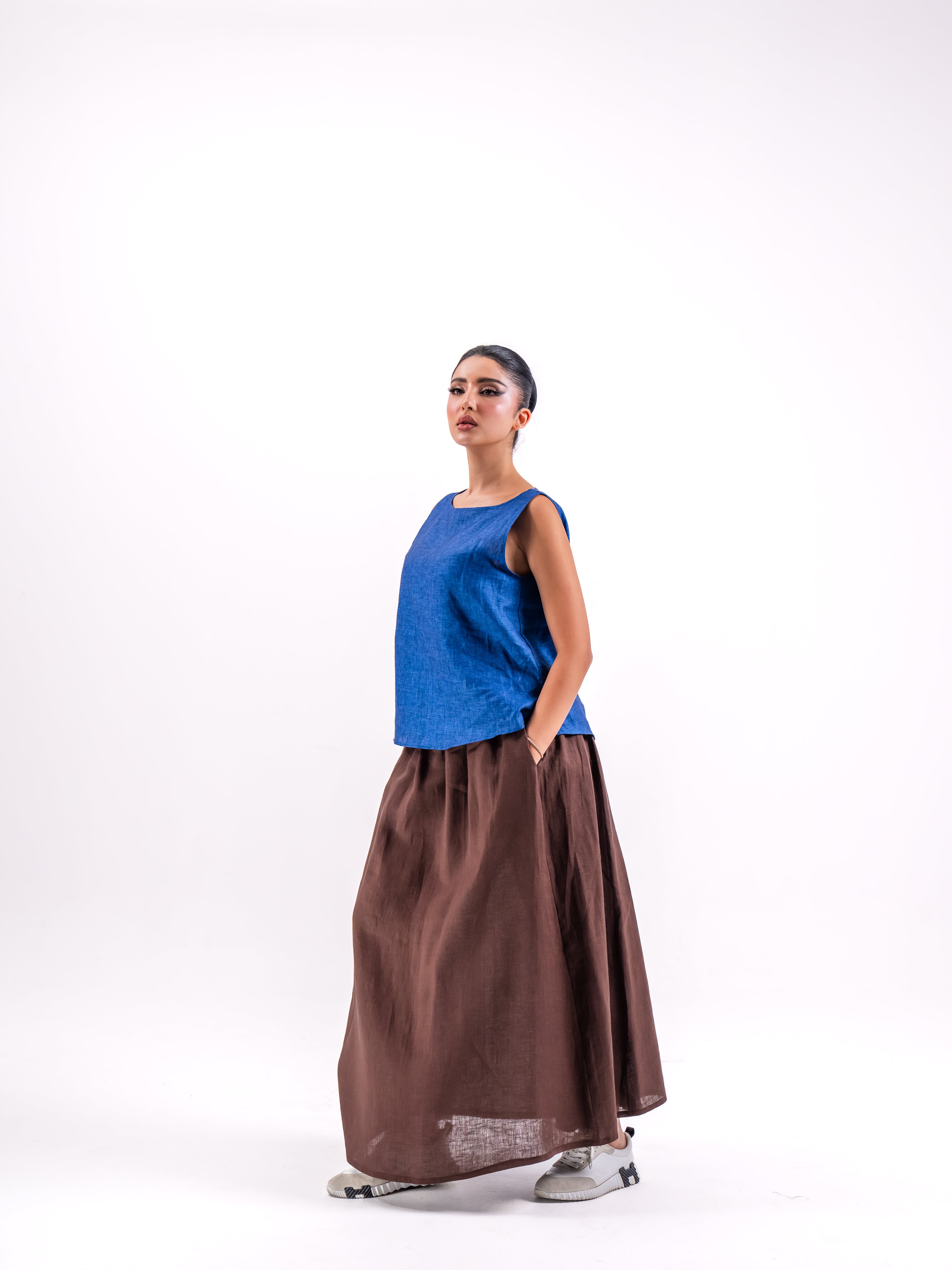 Blue Linen Top with Brown Skirt Set