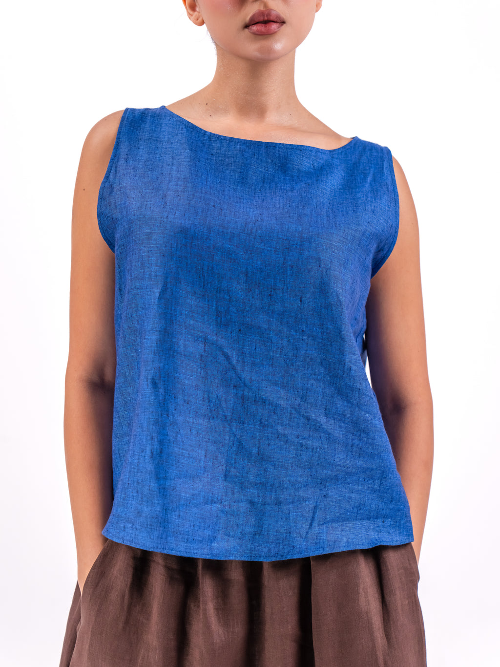 Blue Linen Top with Brown Skirt Set