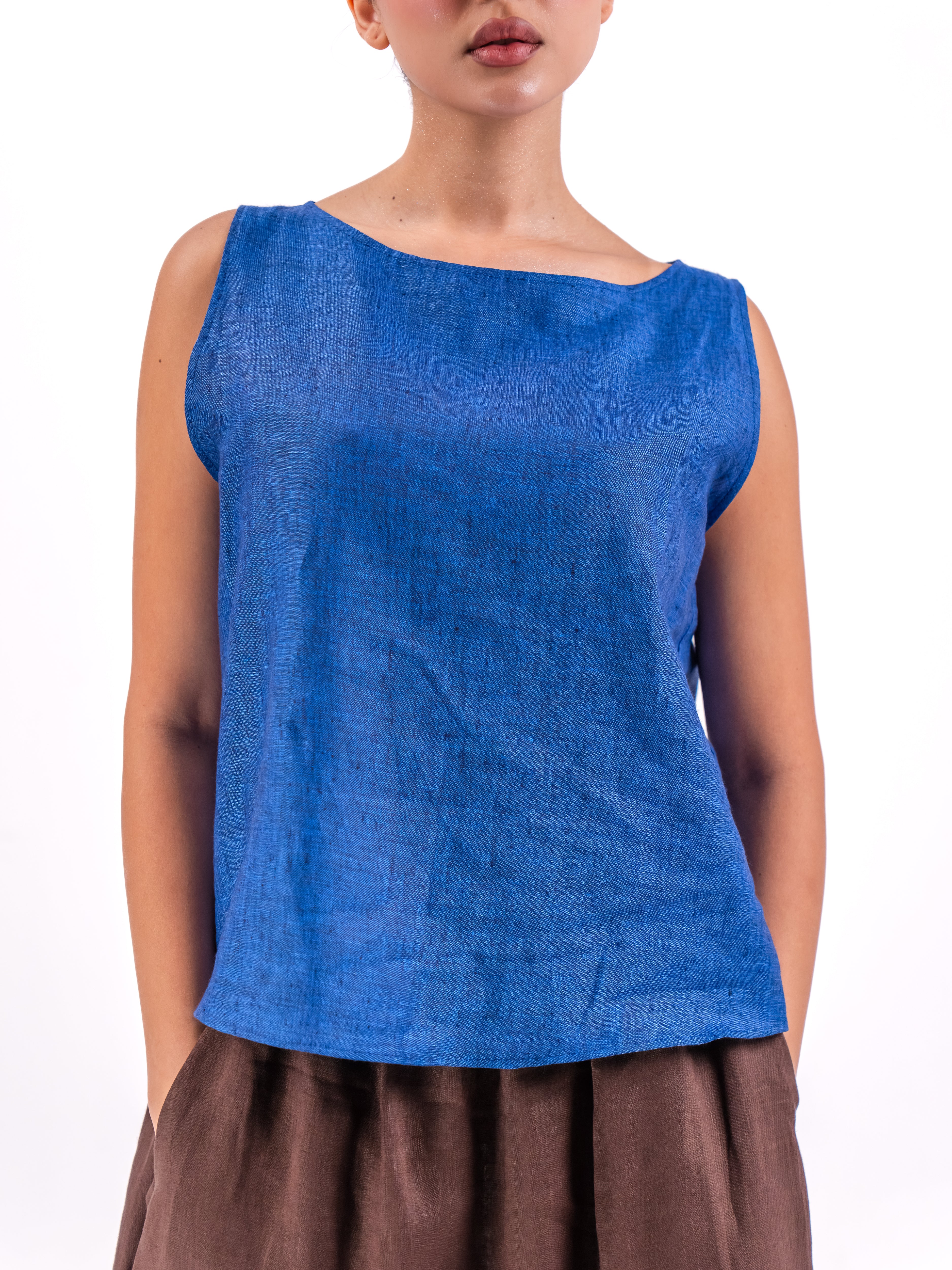 Blue Linen Top with Brown Skirt Set