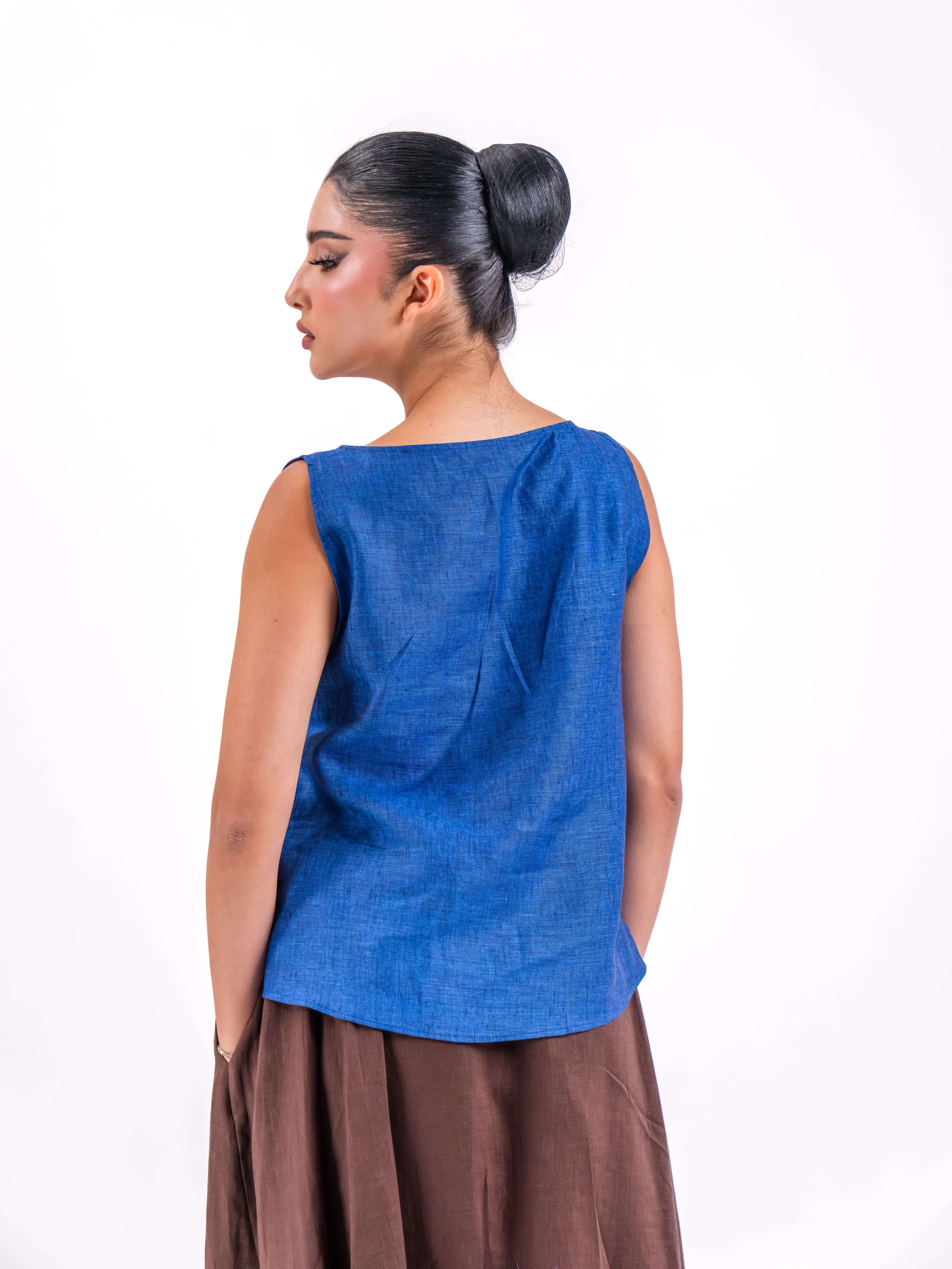 Blue Linen Top with Brown Skirt Set