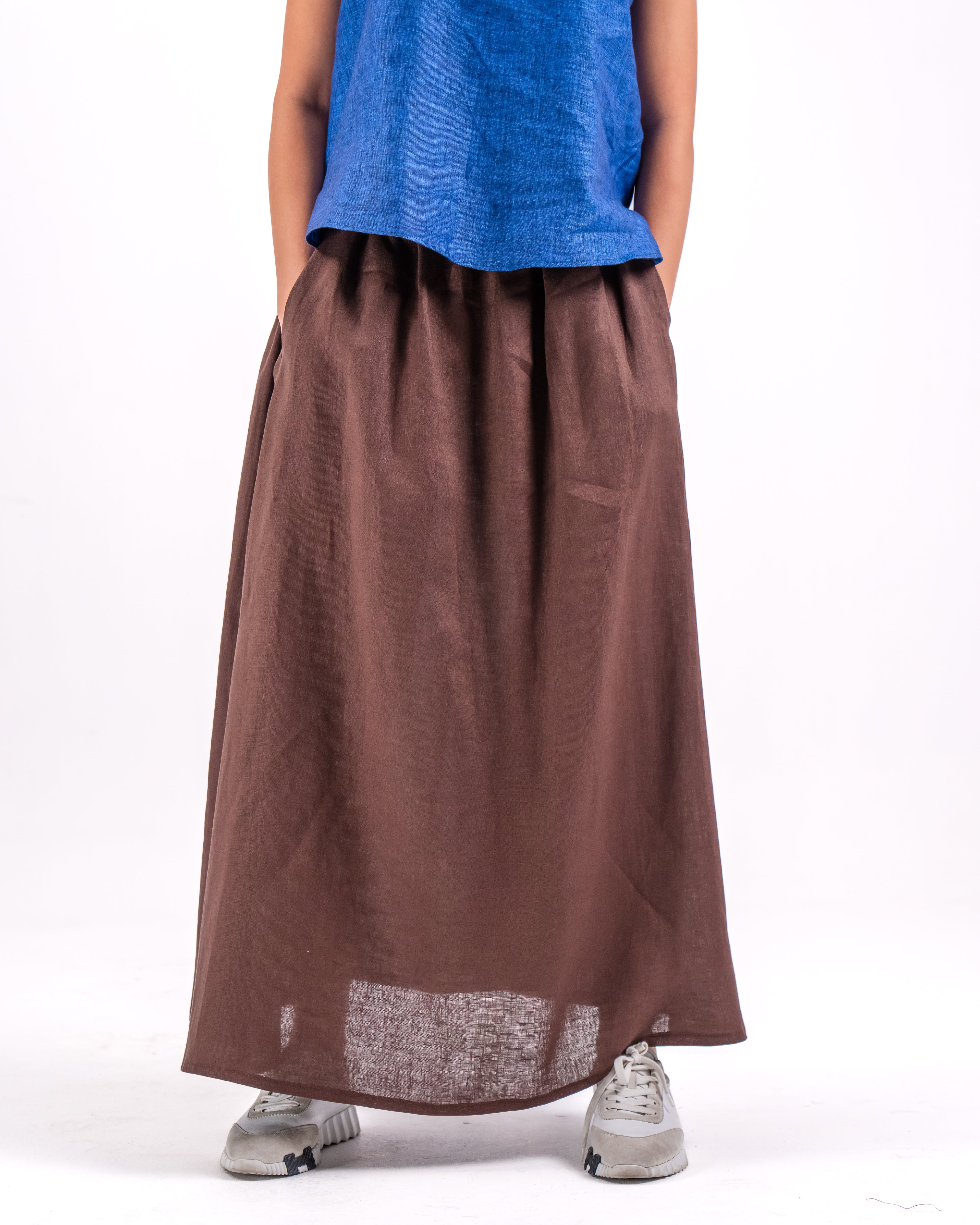 Blue Linen Top with Brown Skirt Set
