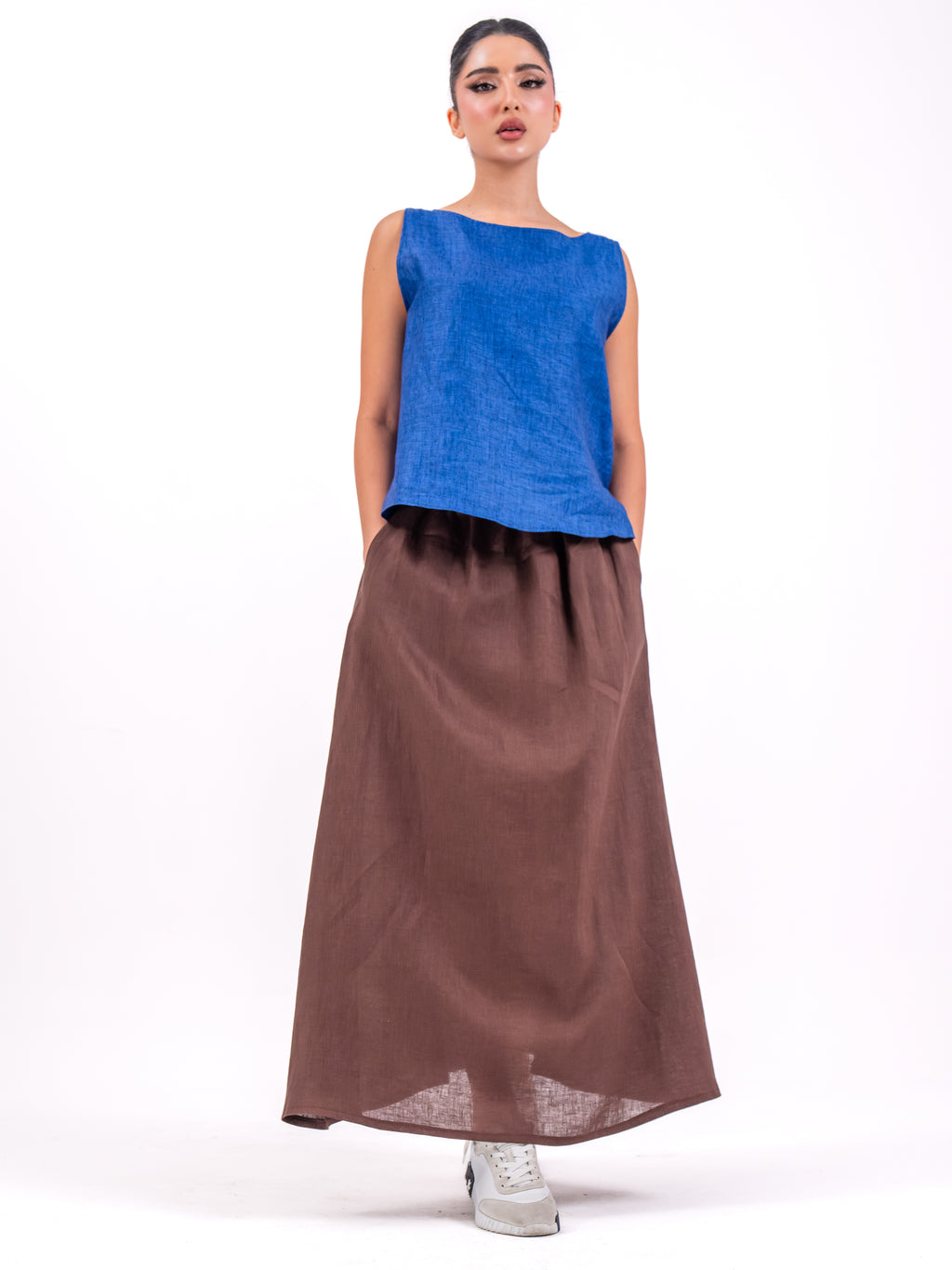 Blue Linen Top with Brown Skirt Set