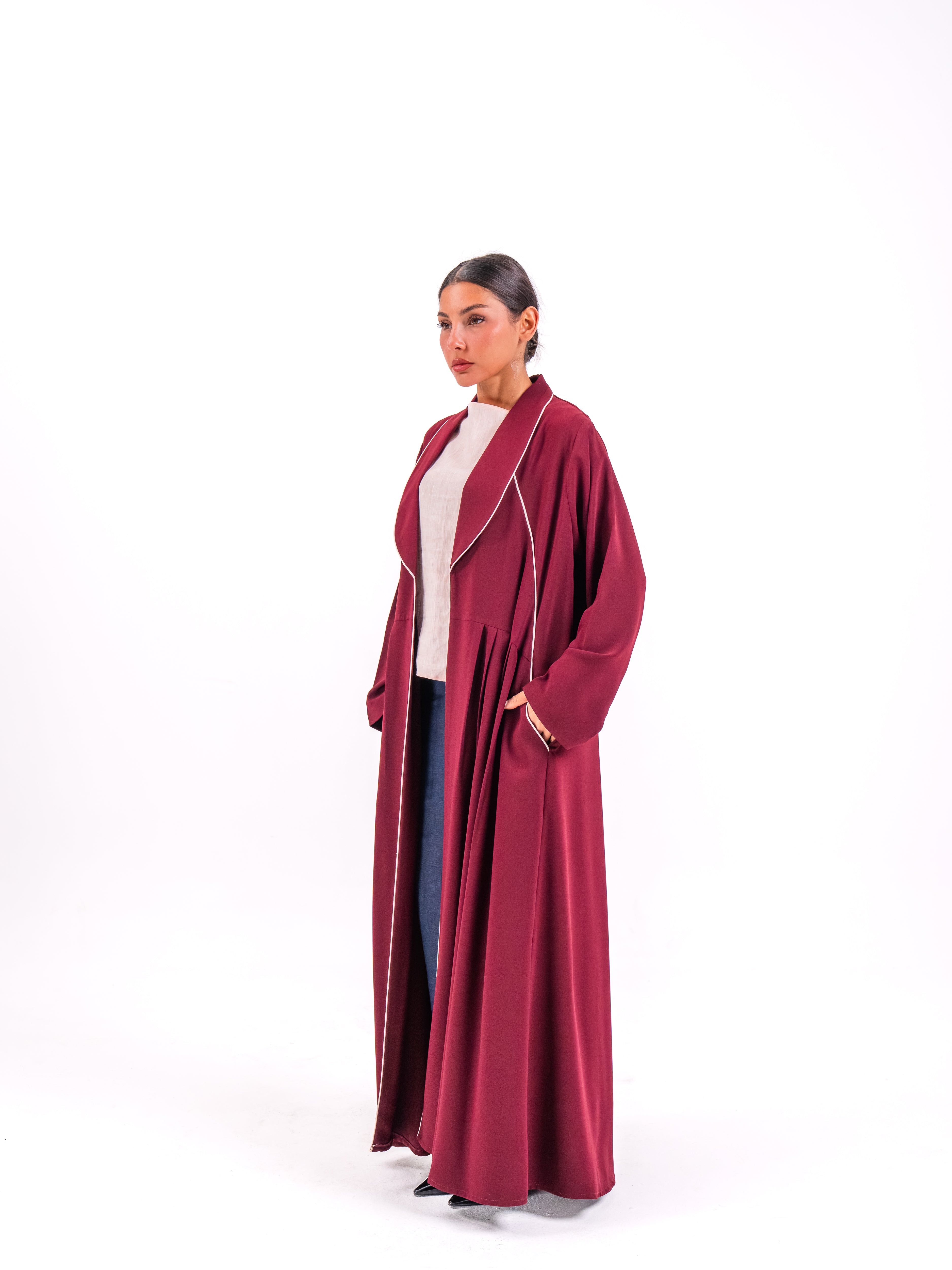 Burgundy Crepe Abaya with Pink Trim