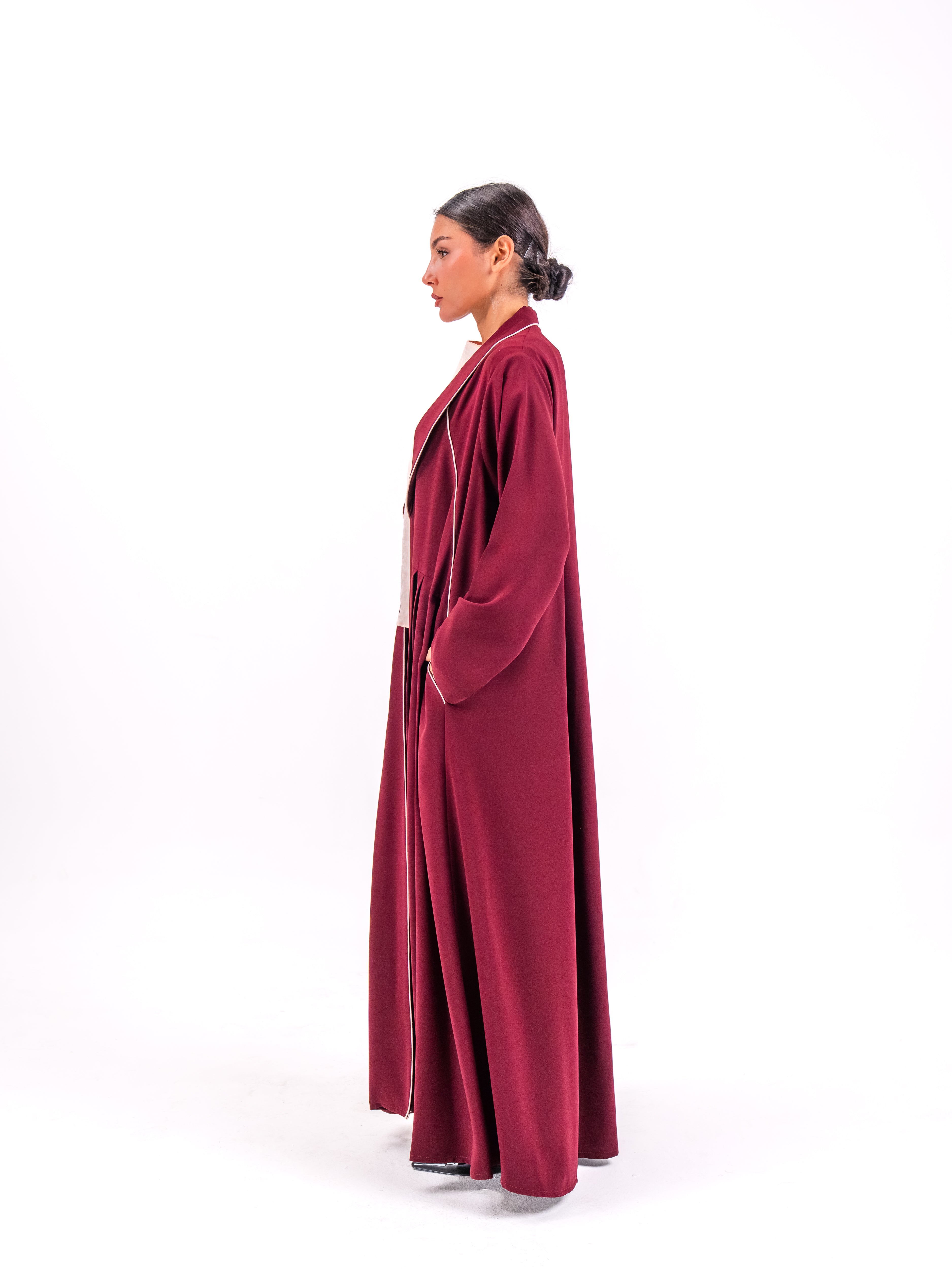 Burgundy Crepe Abaya with Pink Trim