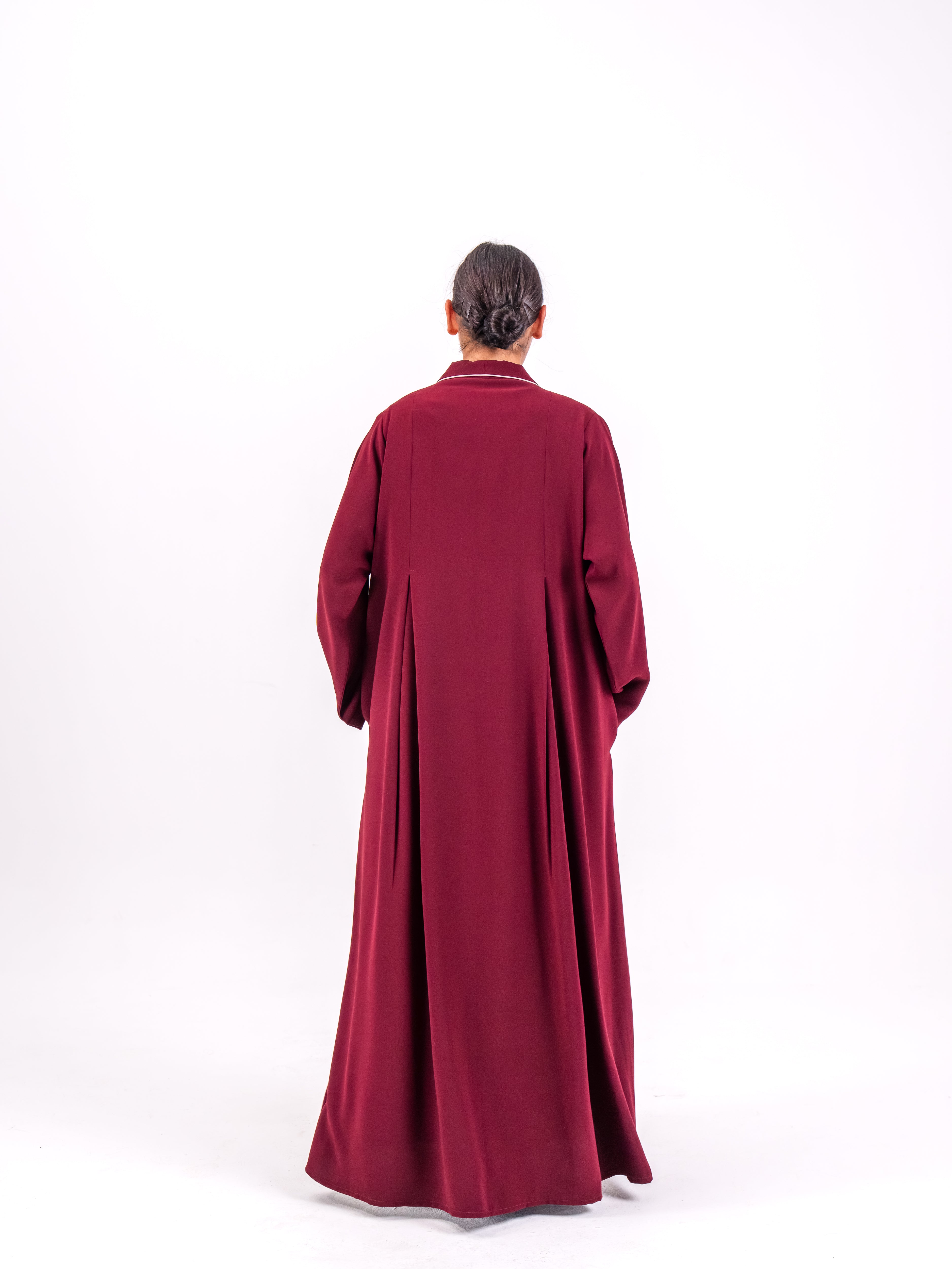 Burgundy Crepe Abaya with Pink Trim