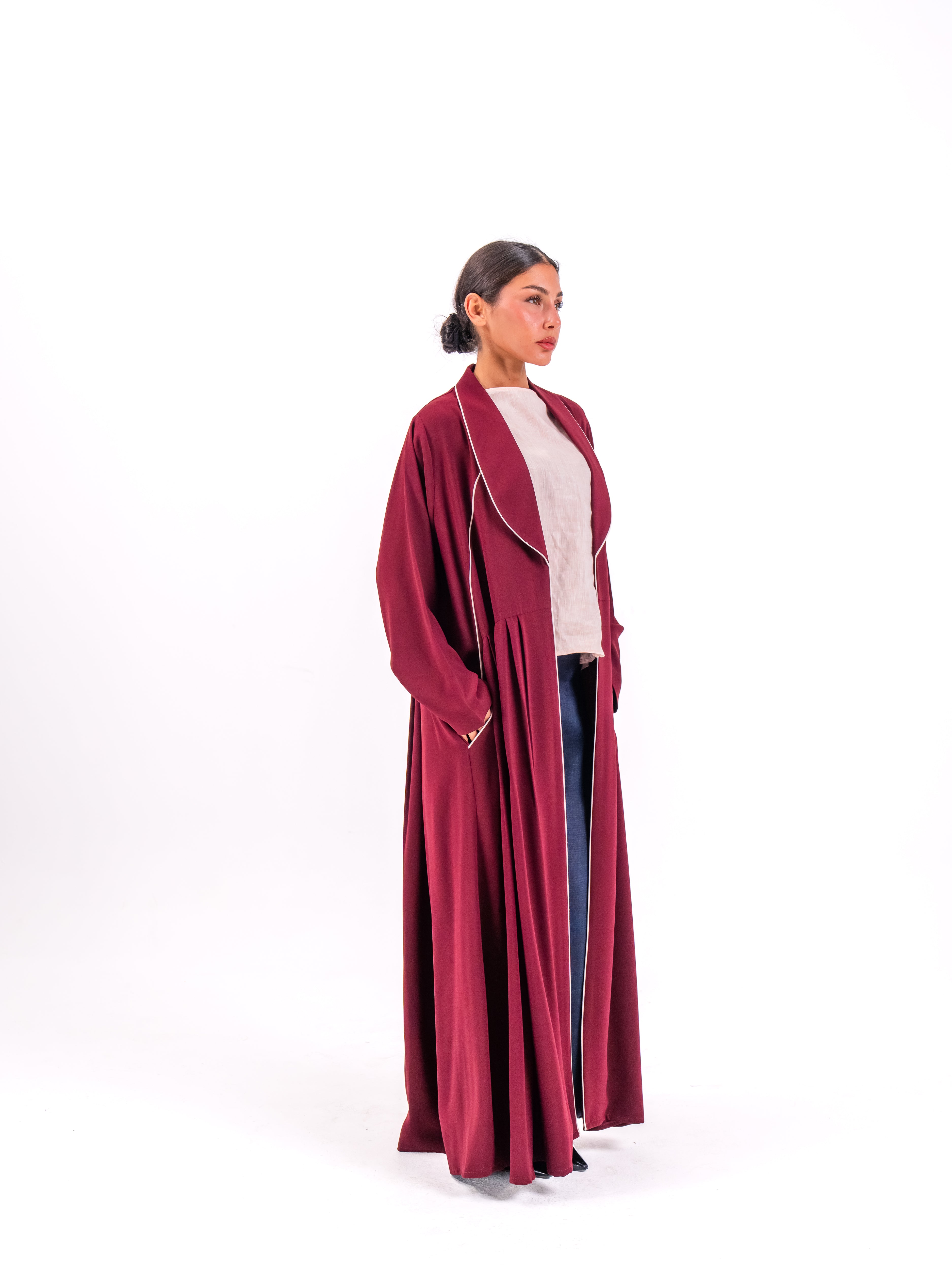 Burgundy Crepe Abaya with Pink Trim