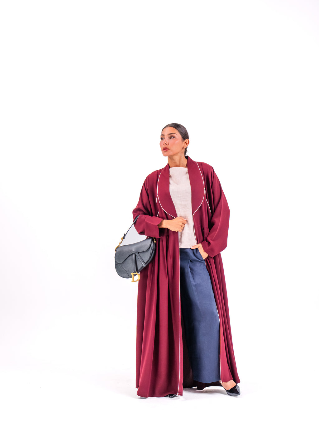Burgundy Crepe Abaya with Pink Trim