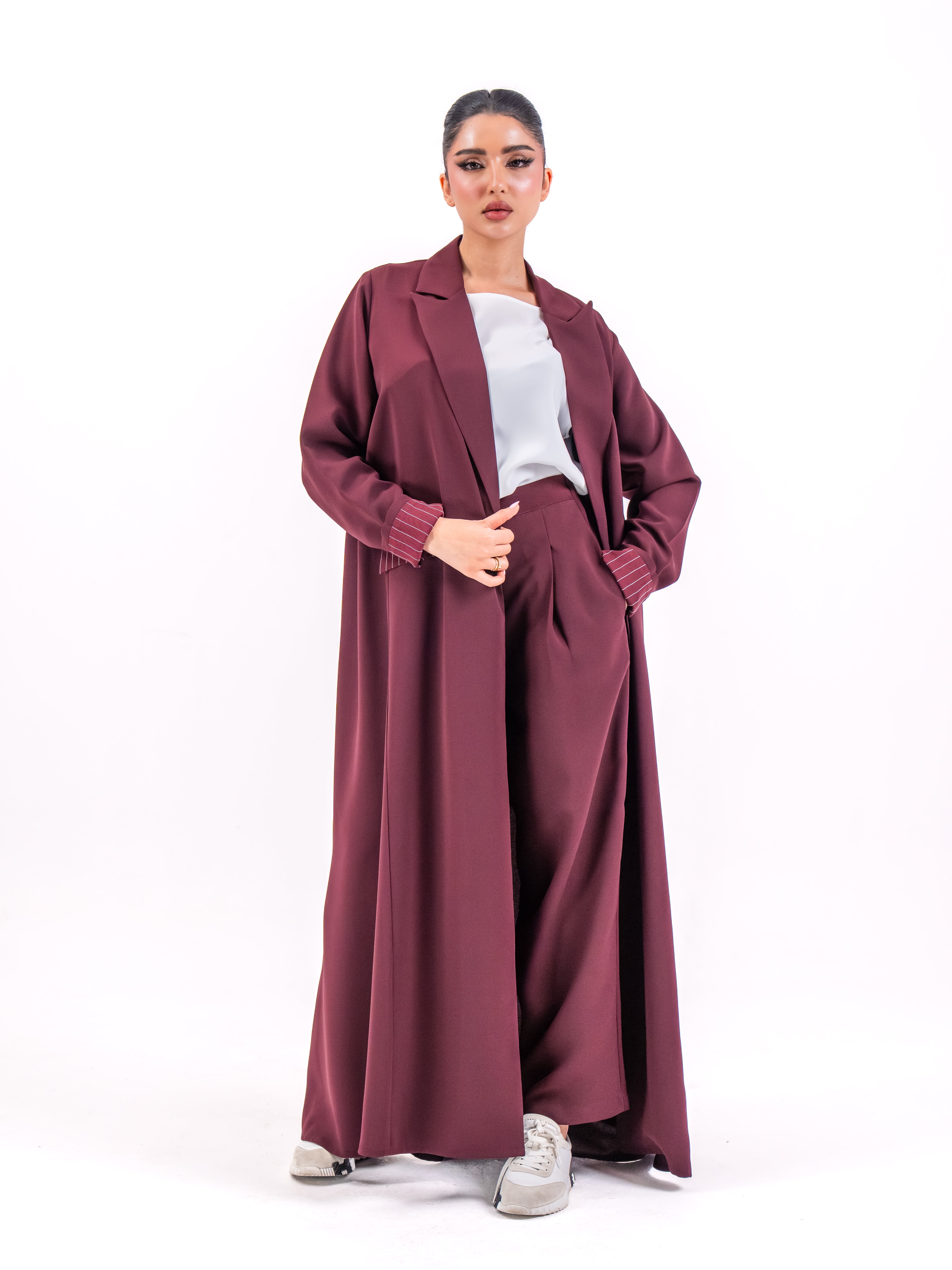 Maroon Crepe Abaya with Striped Embroidery