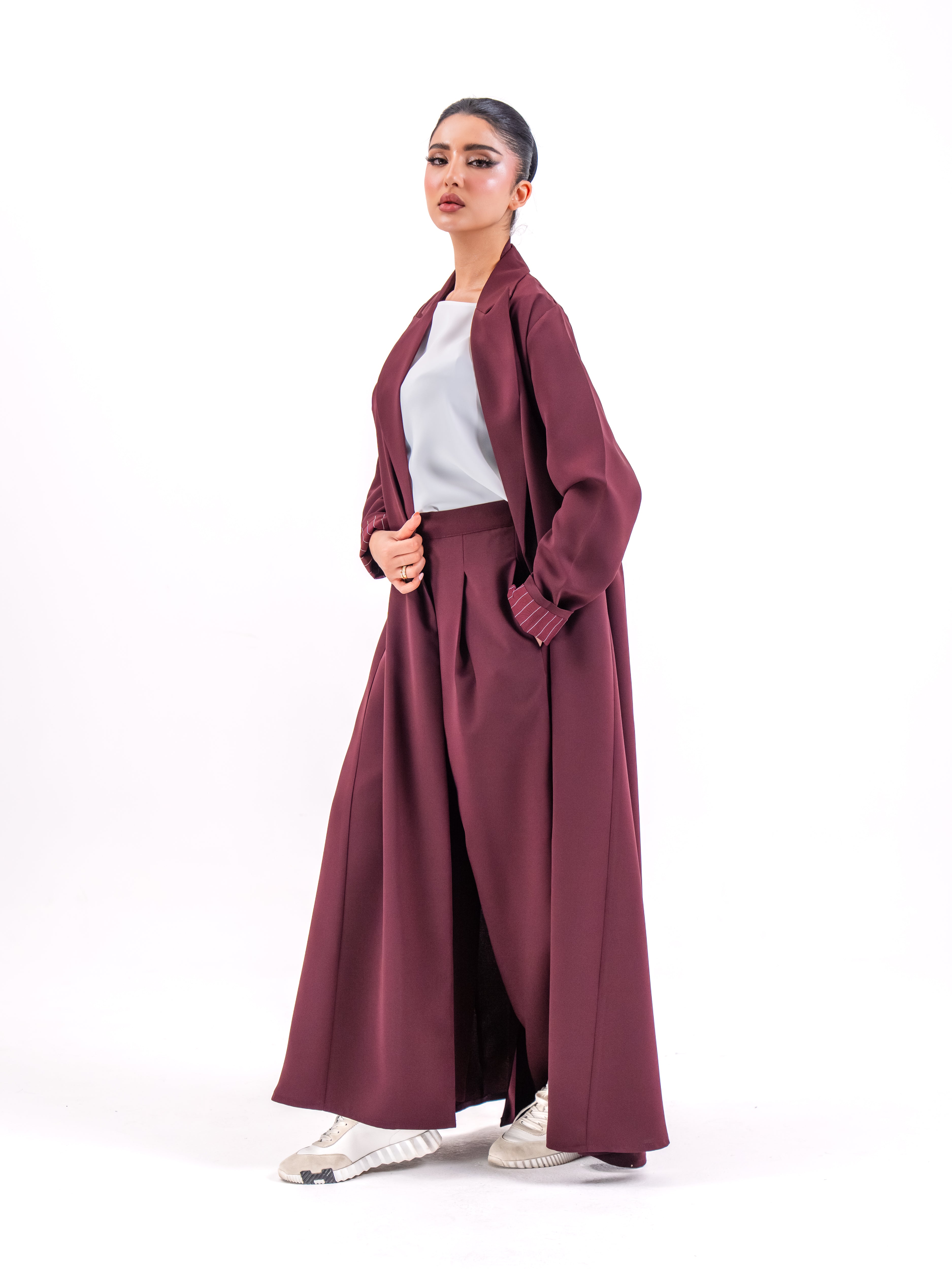 Maroon Crepe Abaya with Striped Embroidery