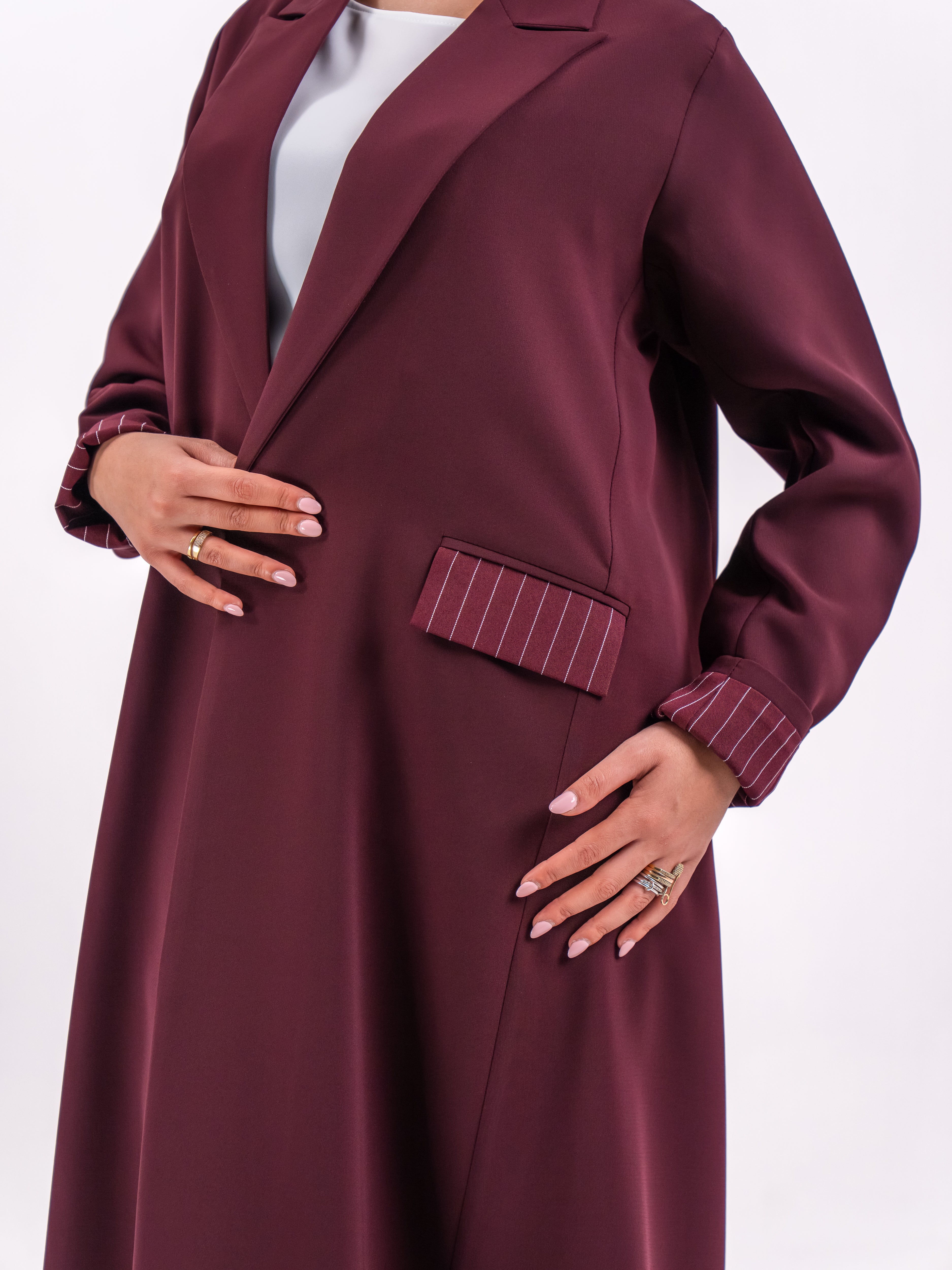 Maroon Crepe Abaya with Striped Embroidery