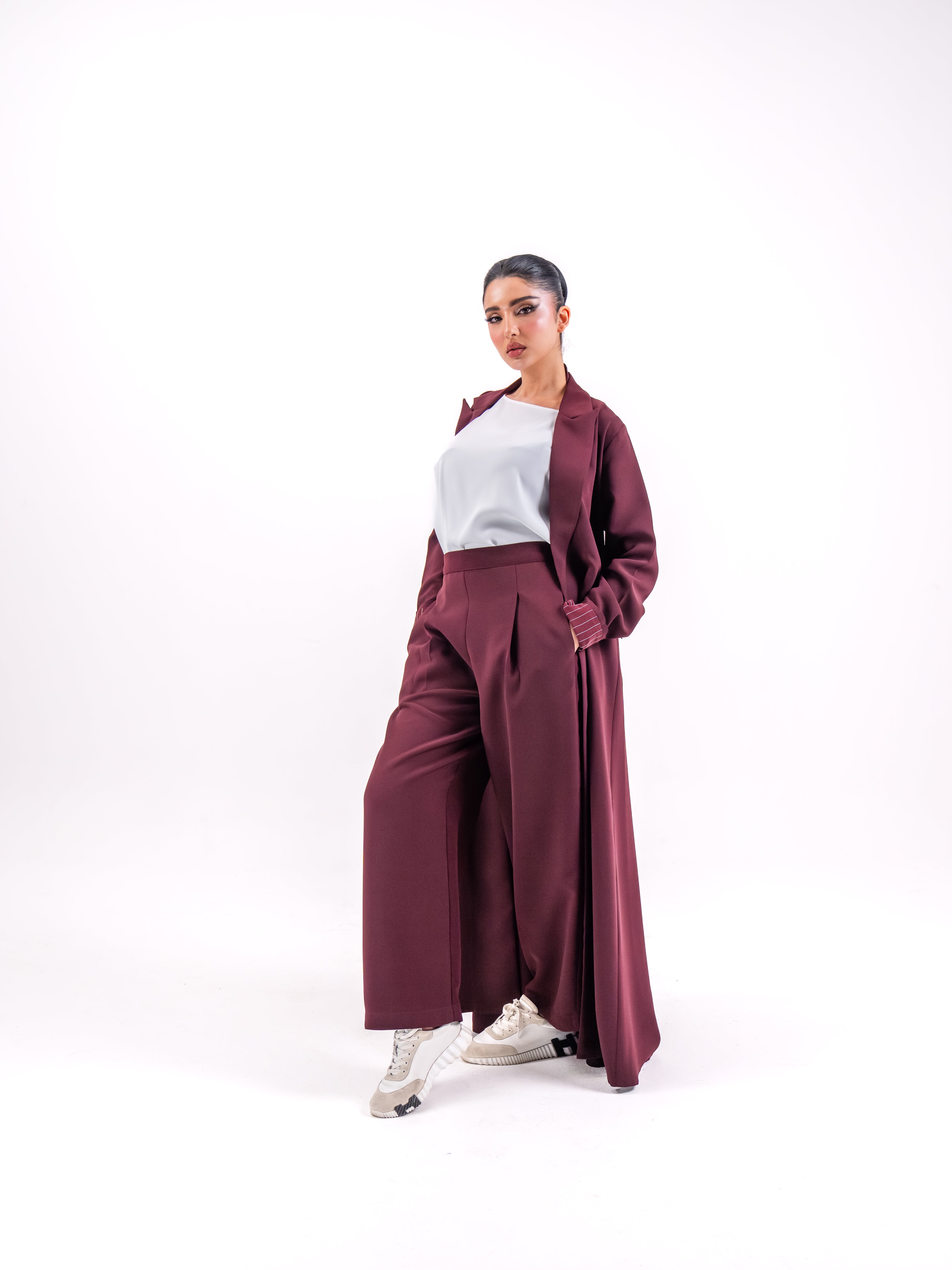 Maroon Crepe Abaya with Striped Embroidery