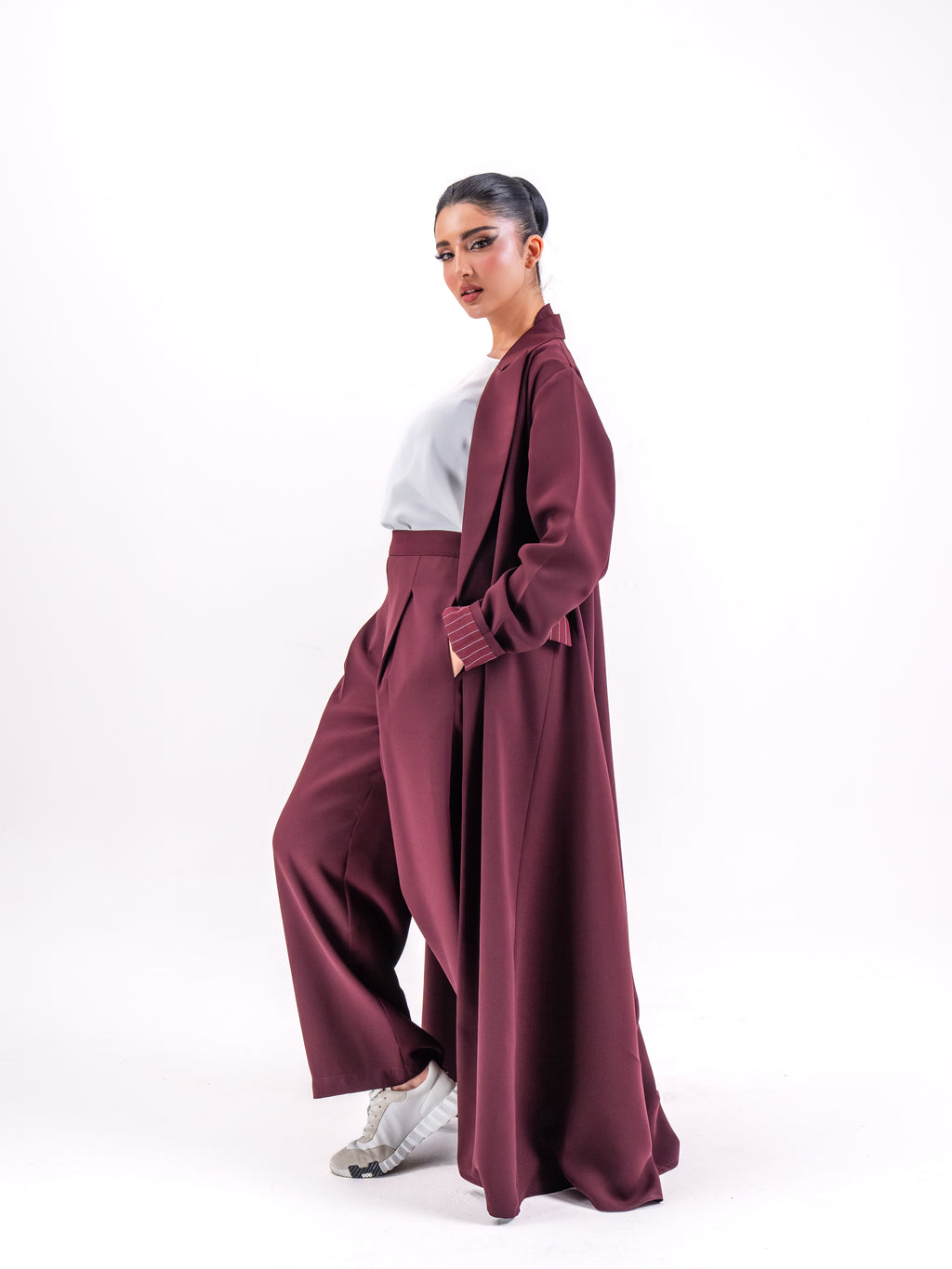 Maroon Crepe Abaya with Striped Embroidery