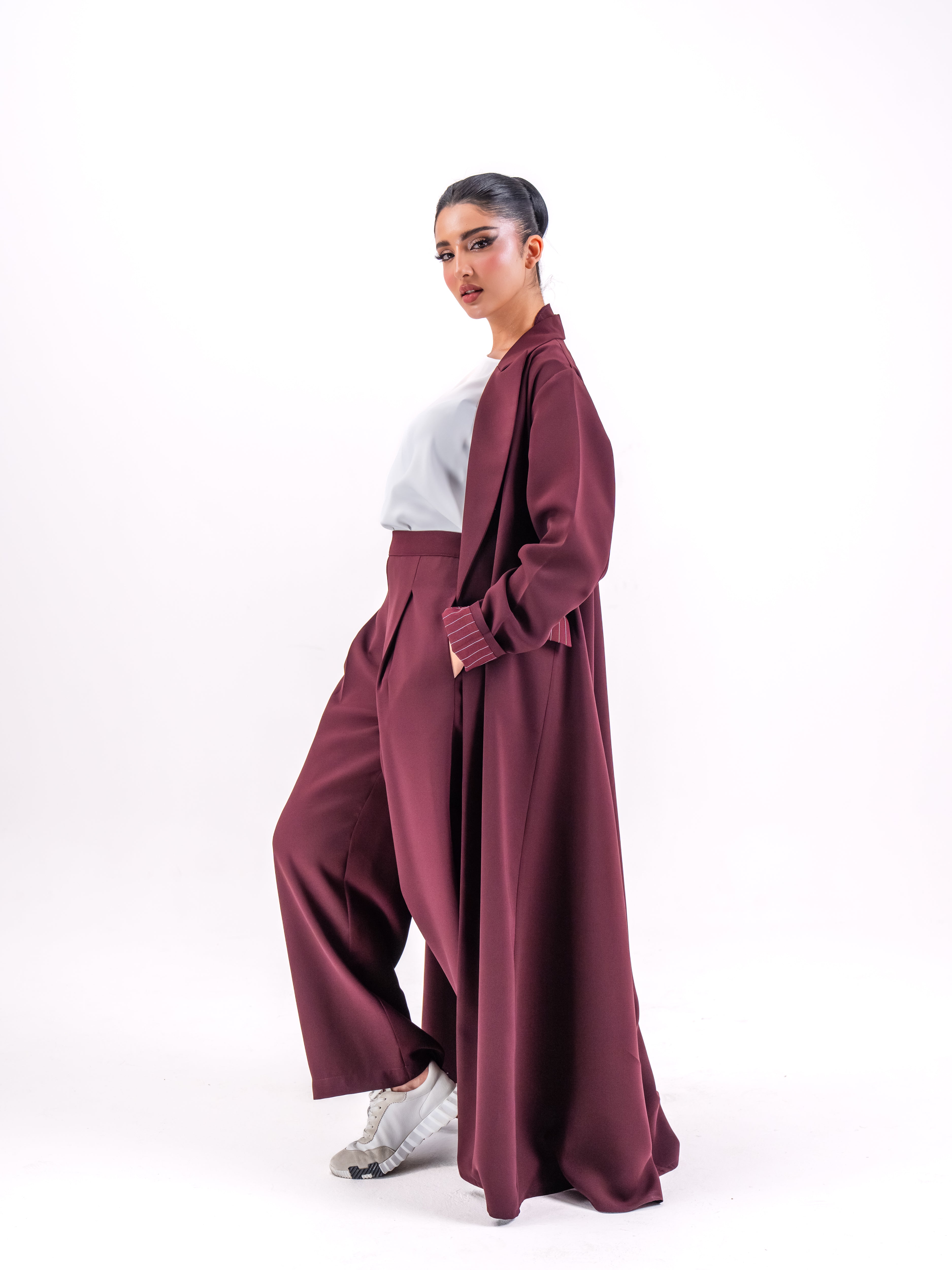 Maroon Crepe Abaya with Striped Embroidery
