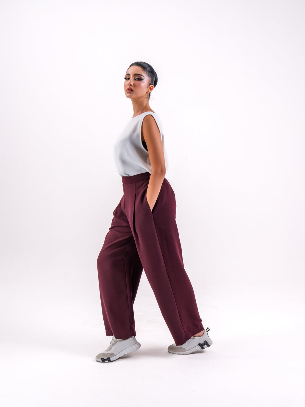 Burgundy Pants with White crepe Top