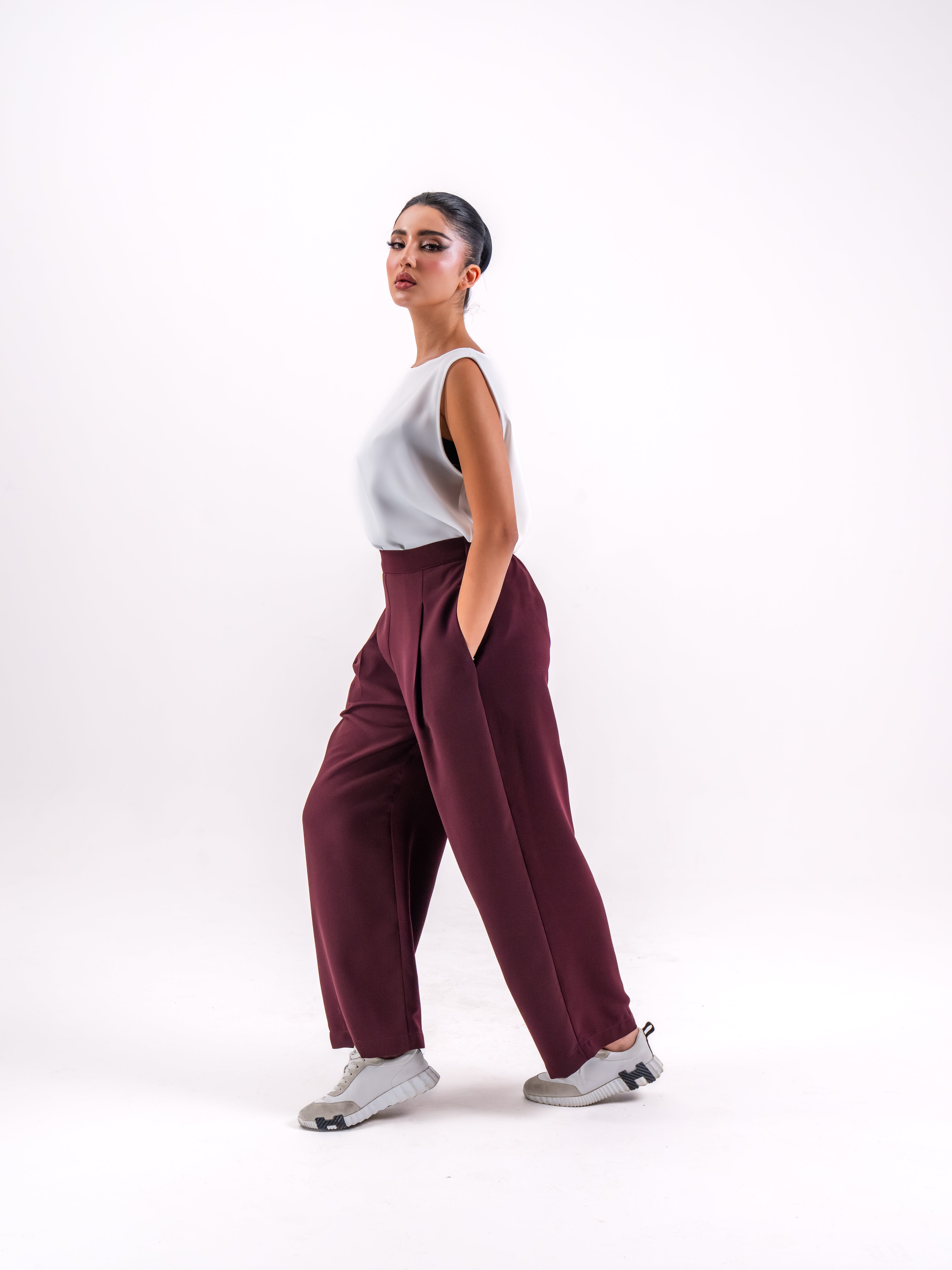 Burgundy Pants with White crepe Top