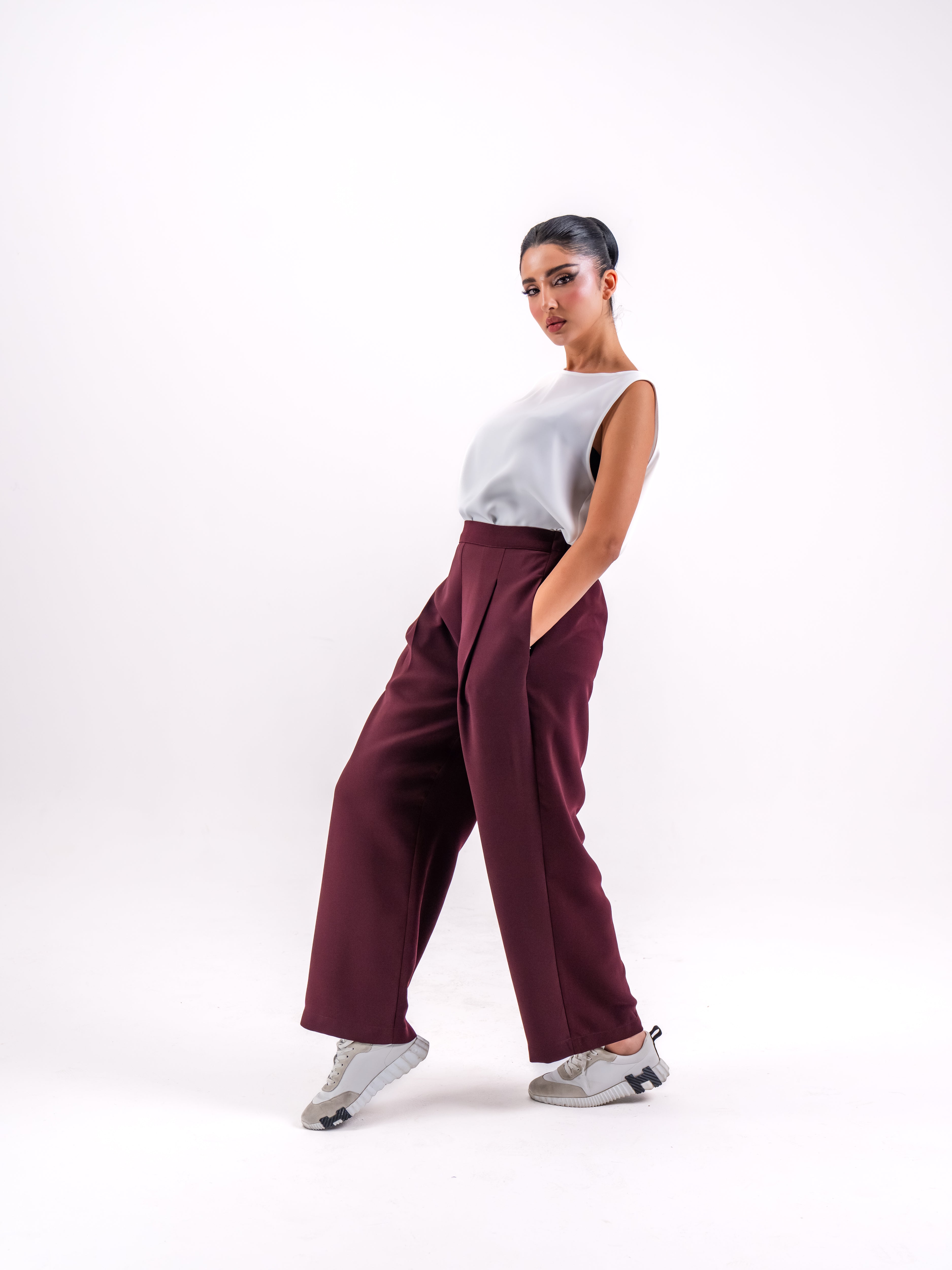 Burgundy Pants with White crepe Top