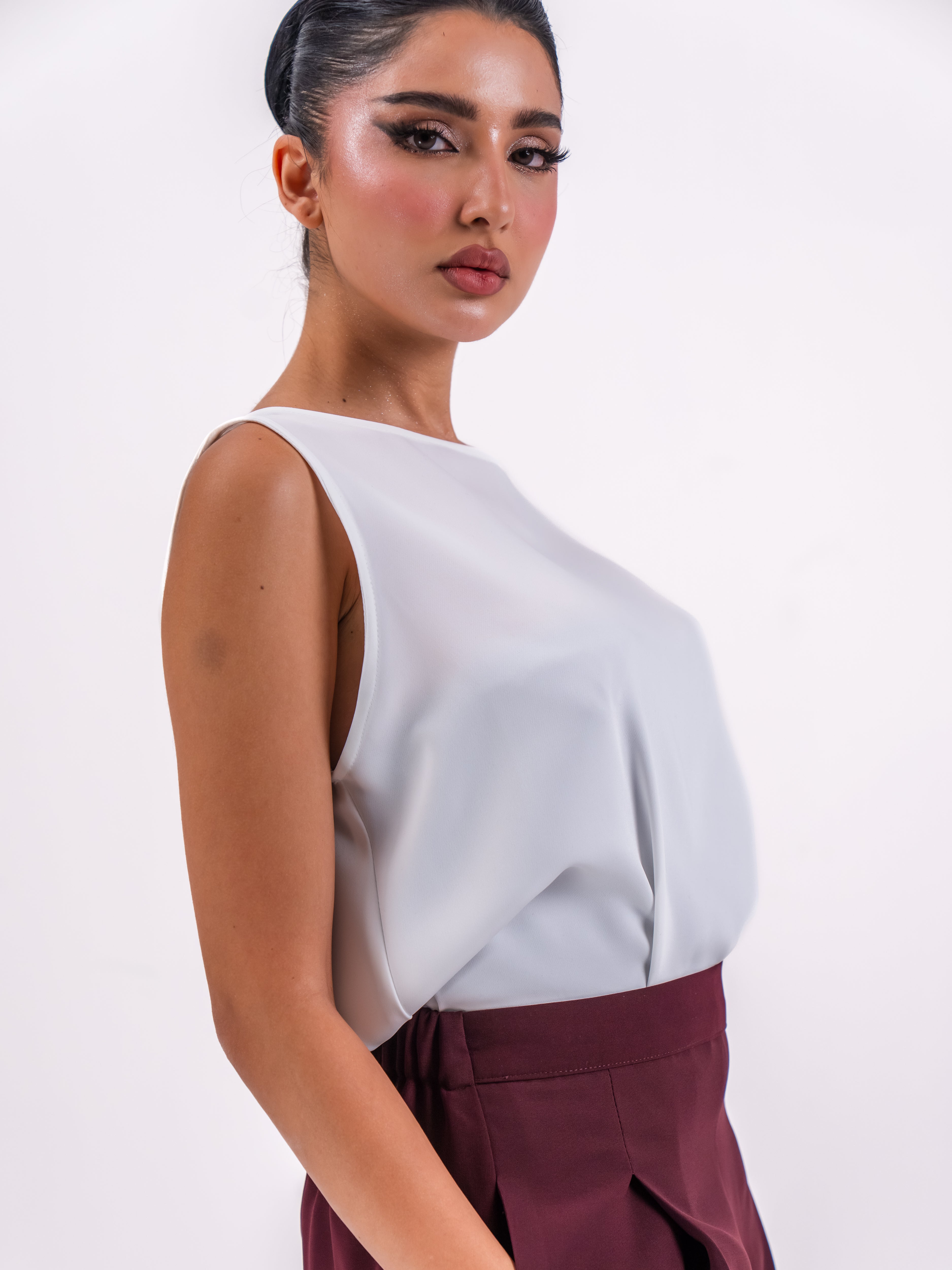 Burgundy Pants with White crepe Top